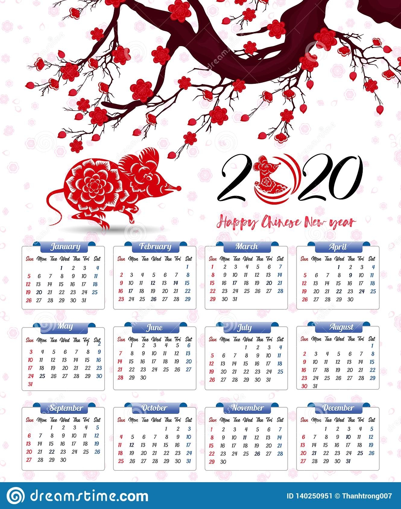 Vector 2020 Calendar For New Year Of Mouse Stock Vector