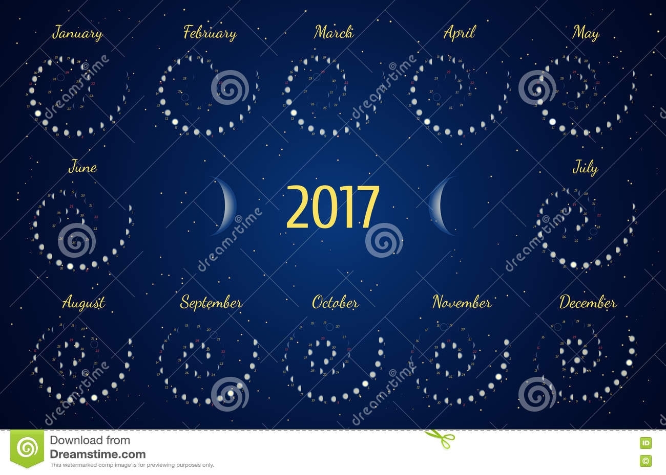 Vector Astrological Spiral Calendar For 2017. Moon Phase
