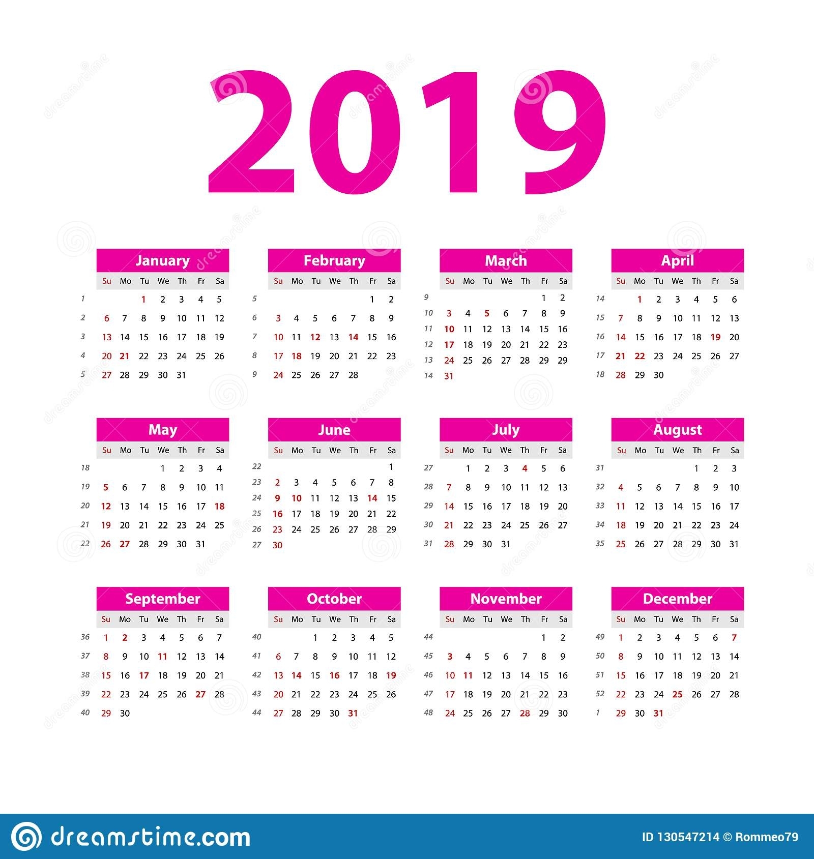 Vector Calendar 2019. Pink. Week Starts On Sunday. English