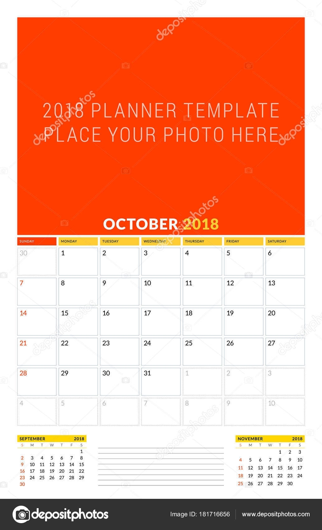 Vector Calendar Planner Template For October 2018. Vector