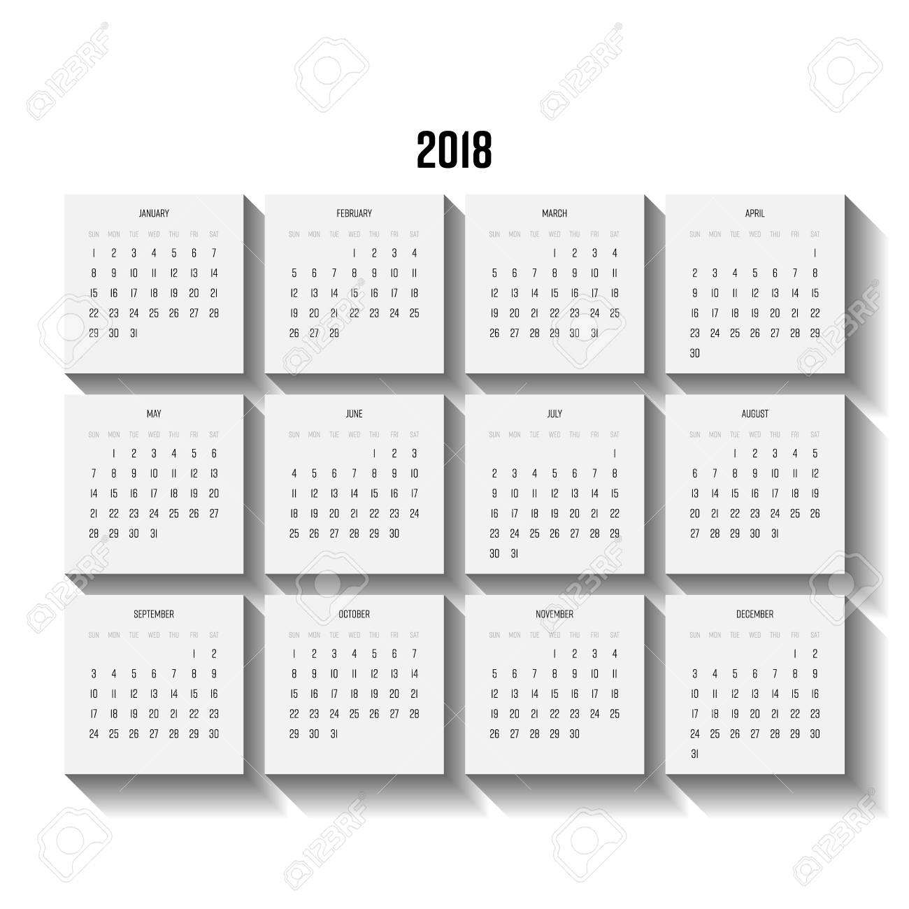 Vector Calendar - Year 2018. Week Starts From Sunday. Vector..