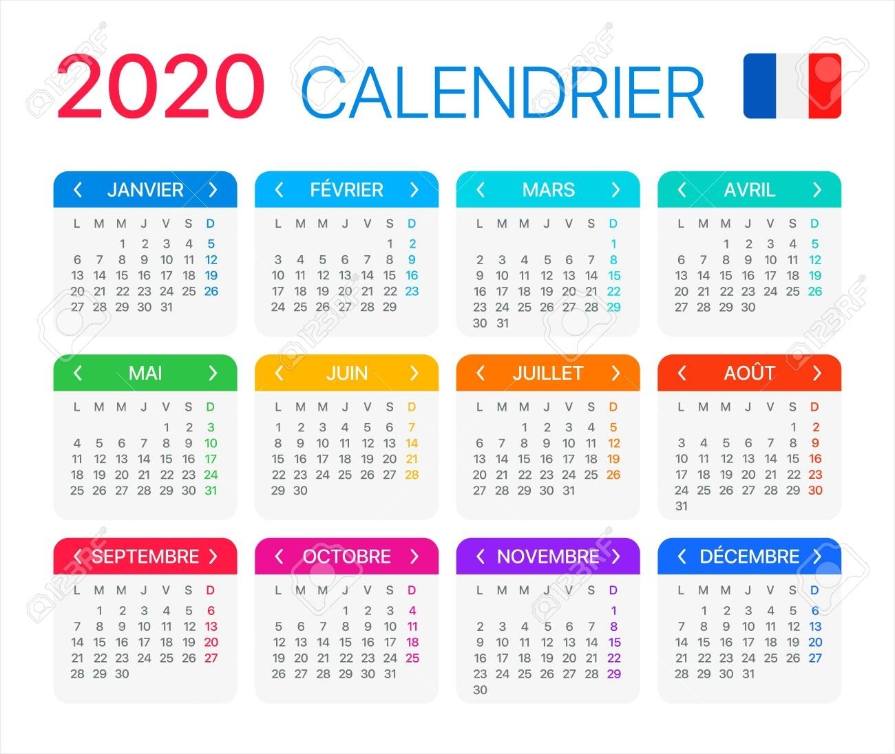 Vector Template Of Color 2020 Calendar - French Version