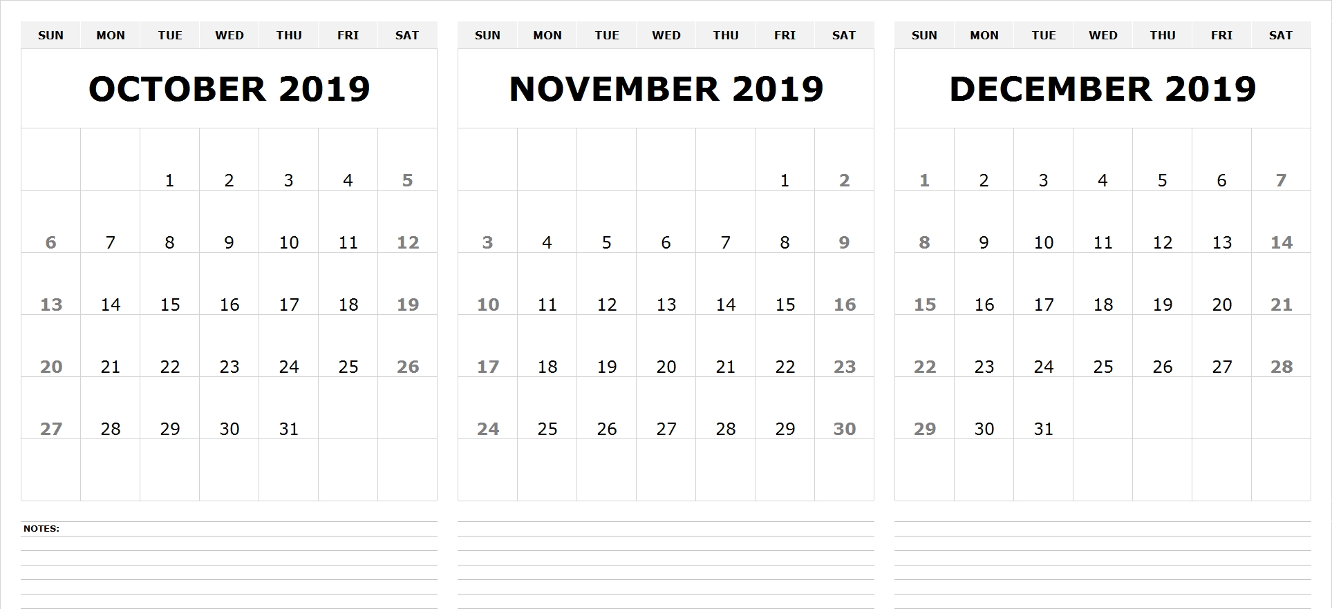 View Printable October November December 2019 Calendar