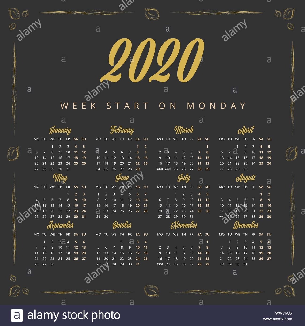 Vintage 2020 Year Calendar On The Black Background Stock