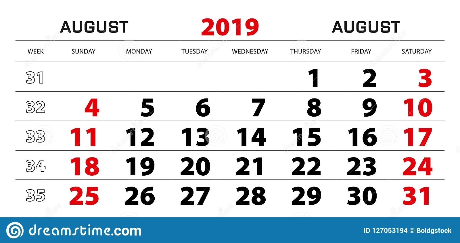 Wall Calendar 2019 For August, Week Start From Sunday. Stock