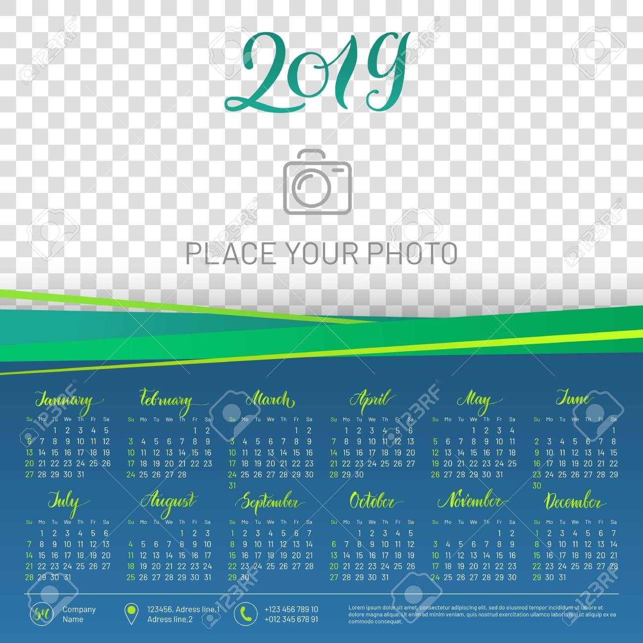 Wall Calendar 2019 Year, Copy Space Atop Transparent Background