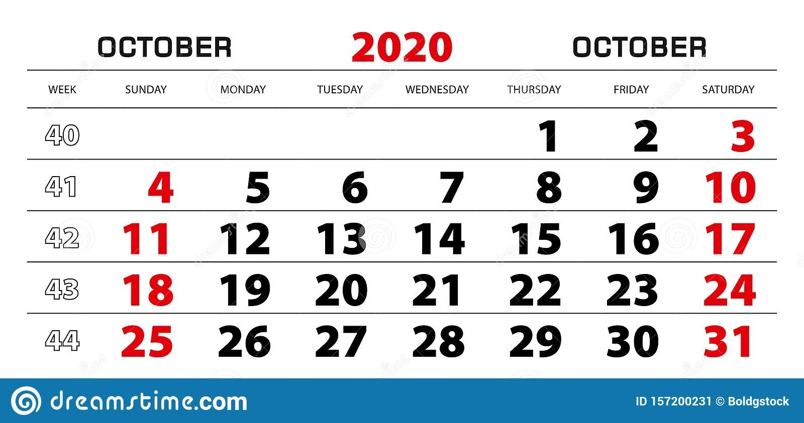 Wall Calendar 2020 For October, Week Start From Sunday Stock