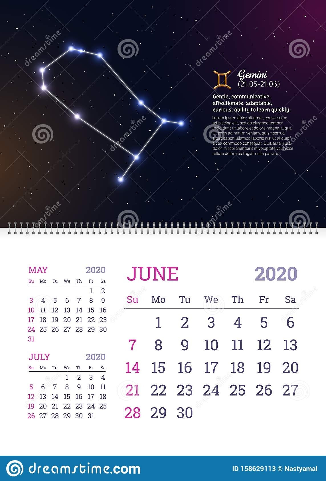 Wall Calendar For June 2020 Year Stock Vector - Illustration