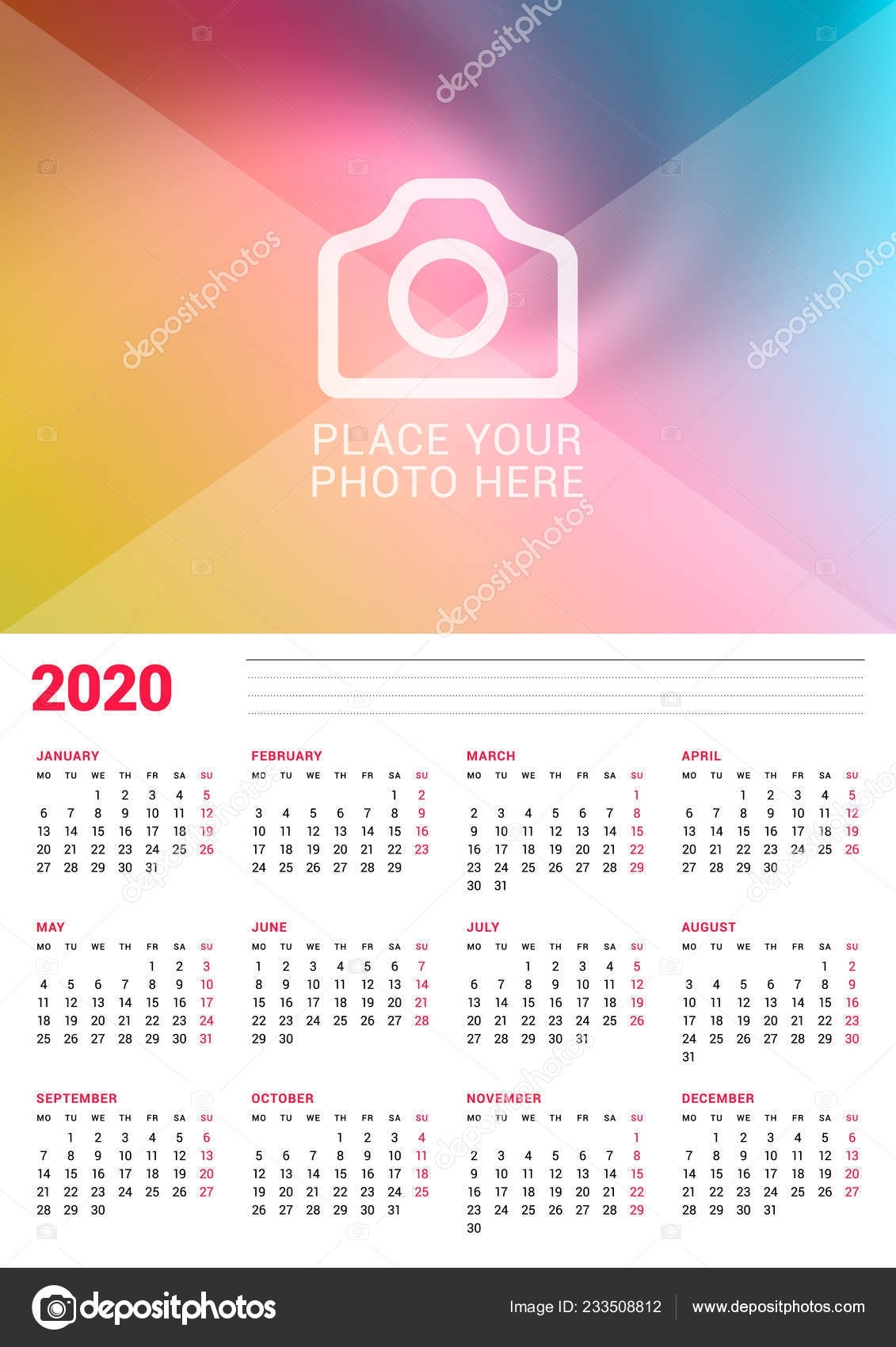 Wall Calendar Poster 2020 Year Vector Design Print Template