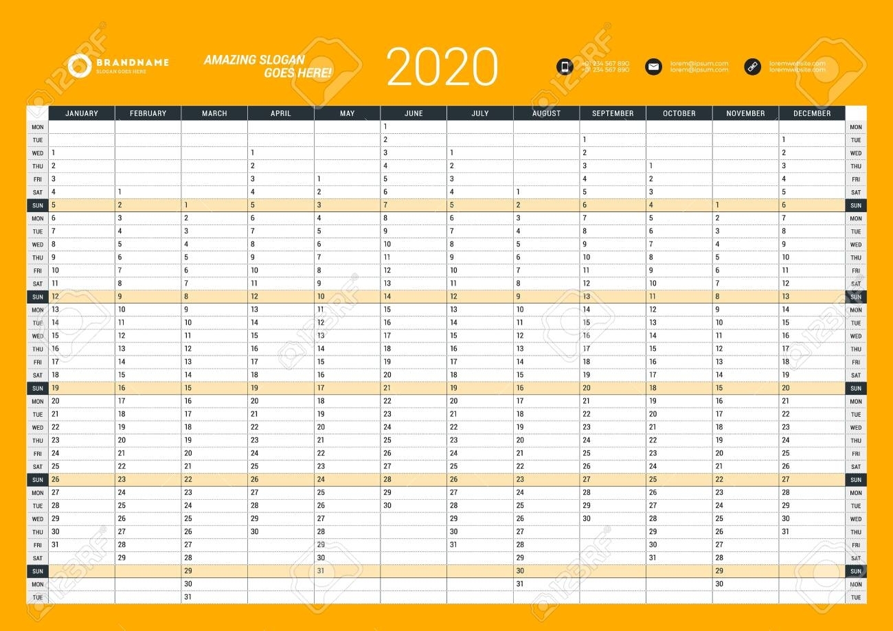 Wall Calendar Yearly Planner Template For 2020. Vector Design..