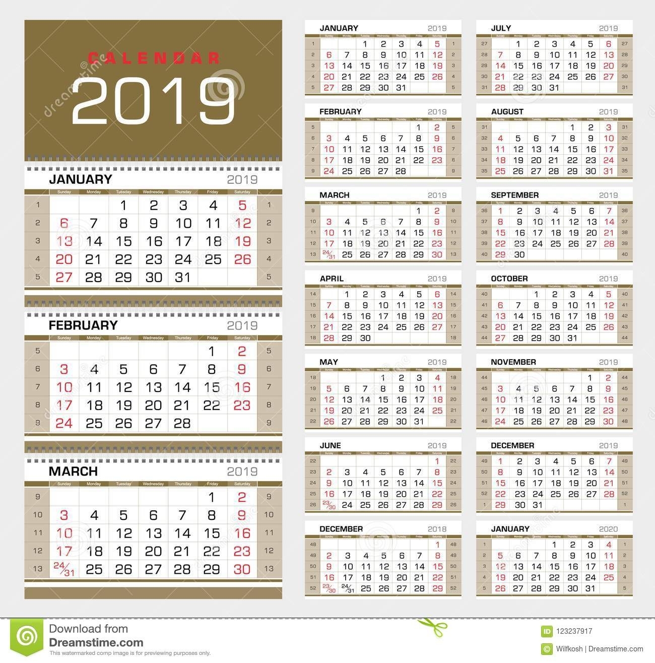 Wall Quarterly Calendar 2019 With Week Numbers. Week Start
