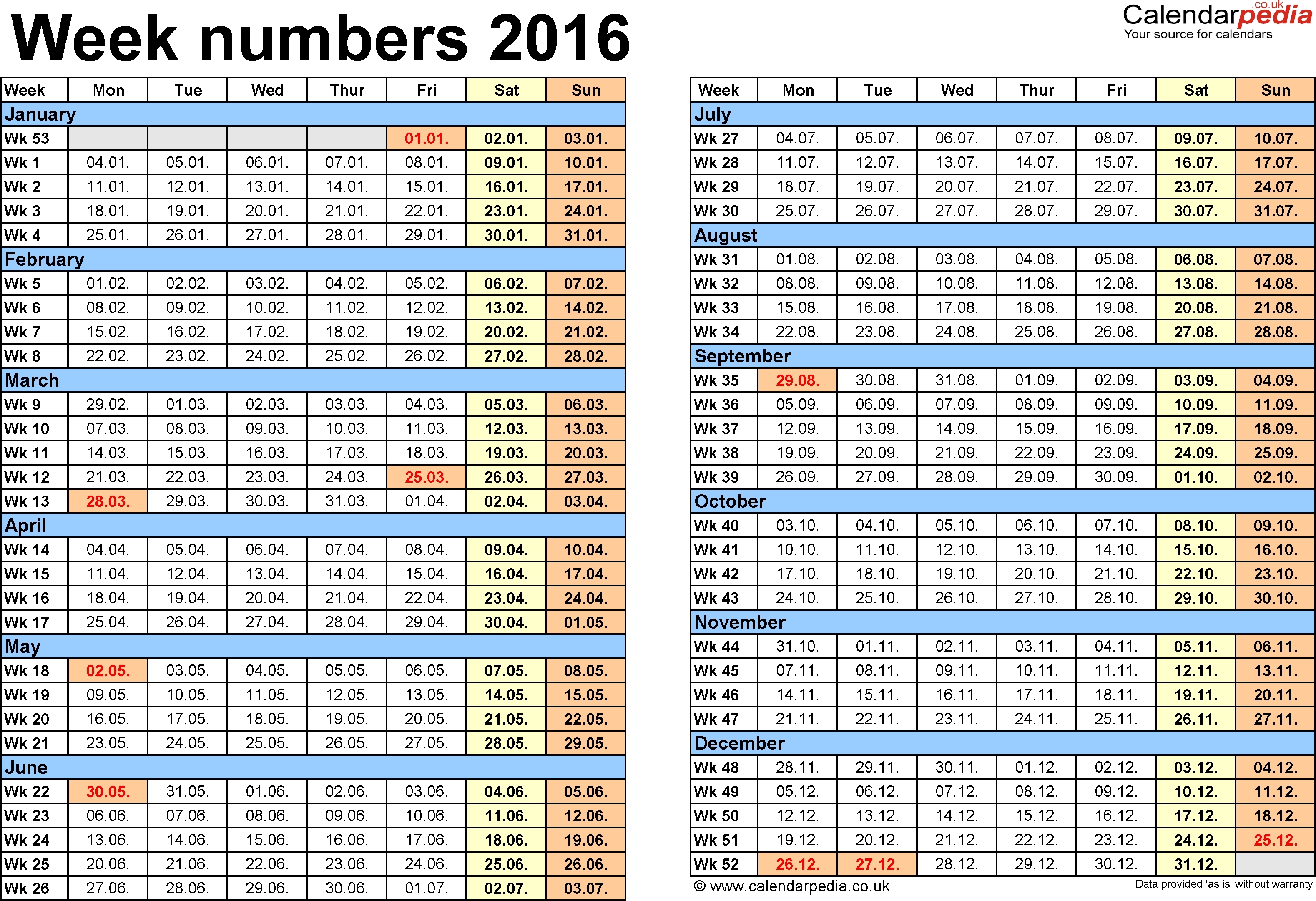 Week Calendar 2016 | Calendar Template 2019