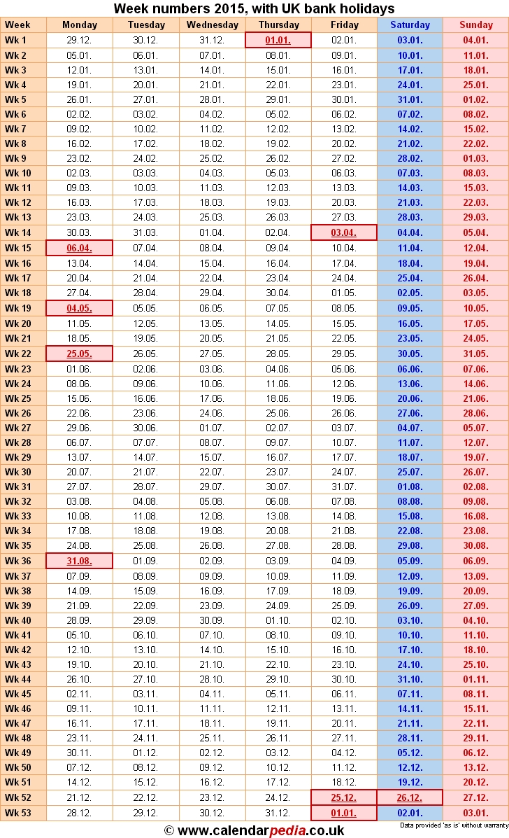 Week Numbers 2015, With Bank Holidays &amp; Excel/pdf/word Templates