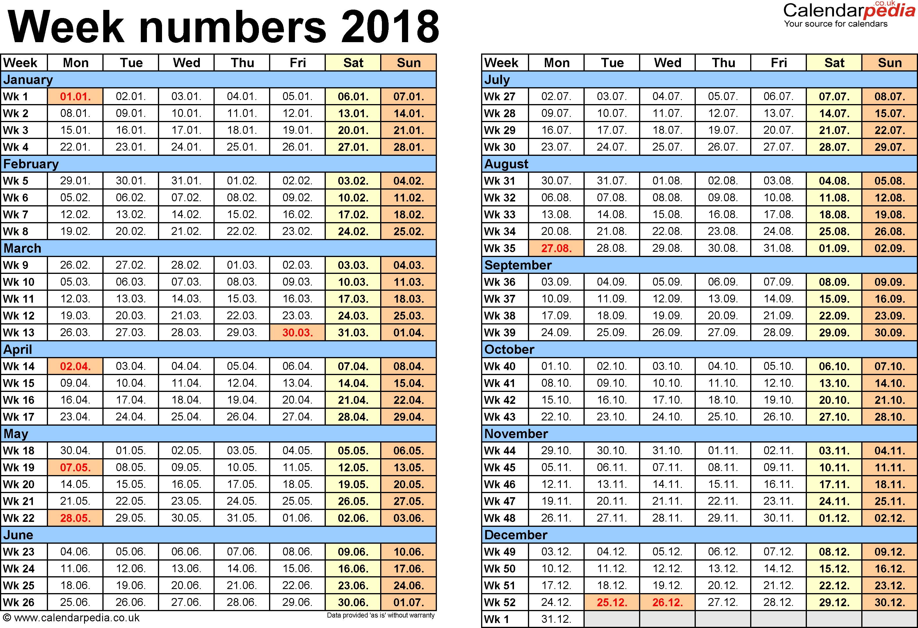 Week Numbers 2018, With Bank Holidays &amp; Excel/pdf/word Templates