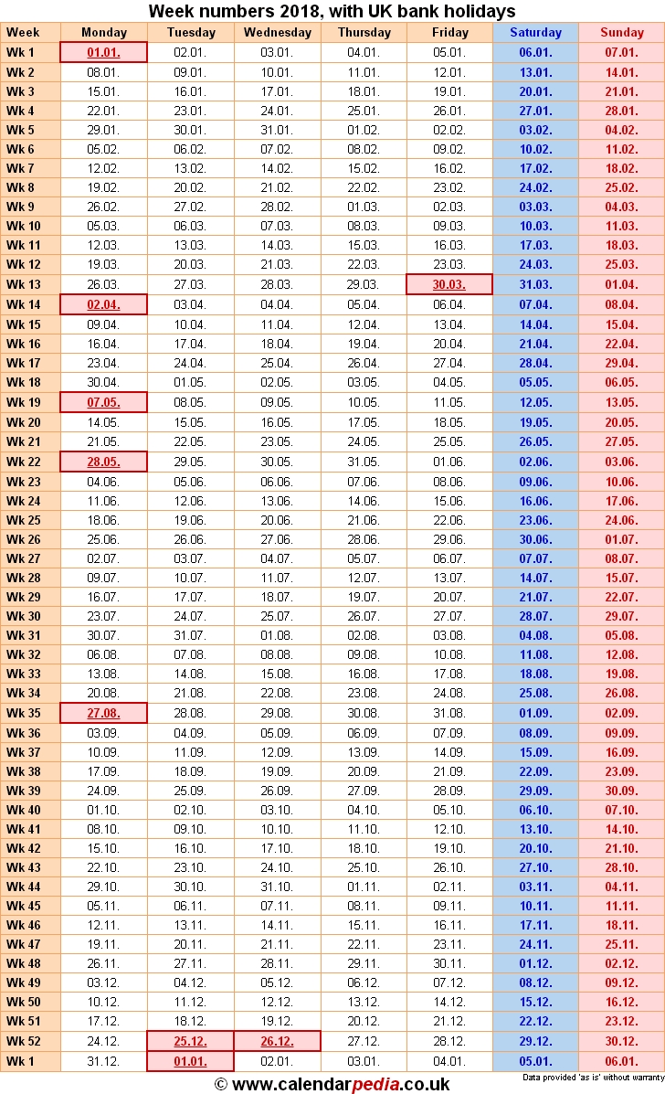 Week Numbers 2018, With Bank Holidays &amp; Excel/pdf/word Templates