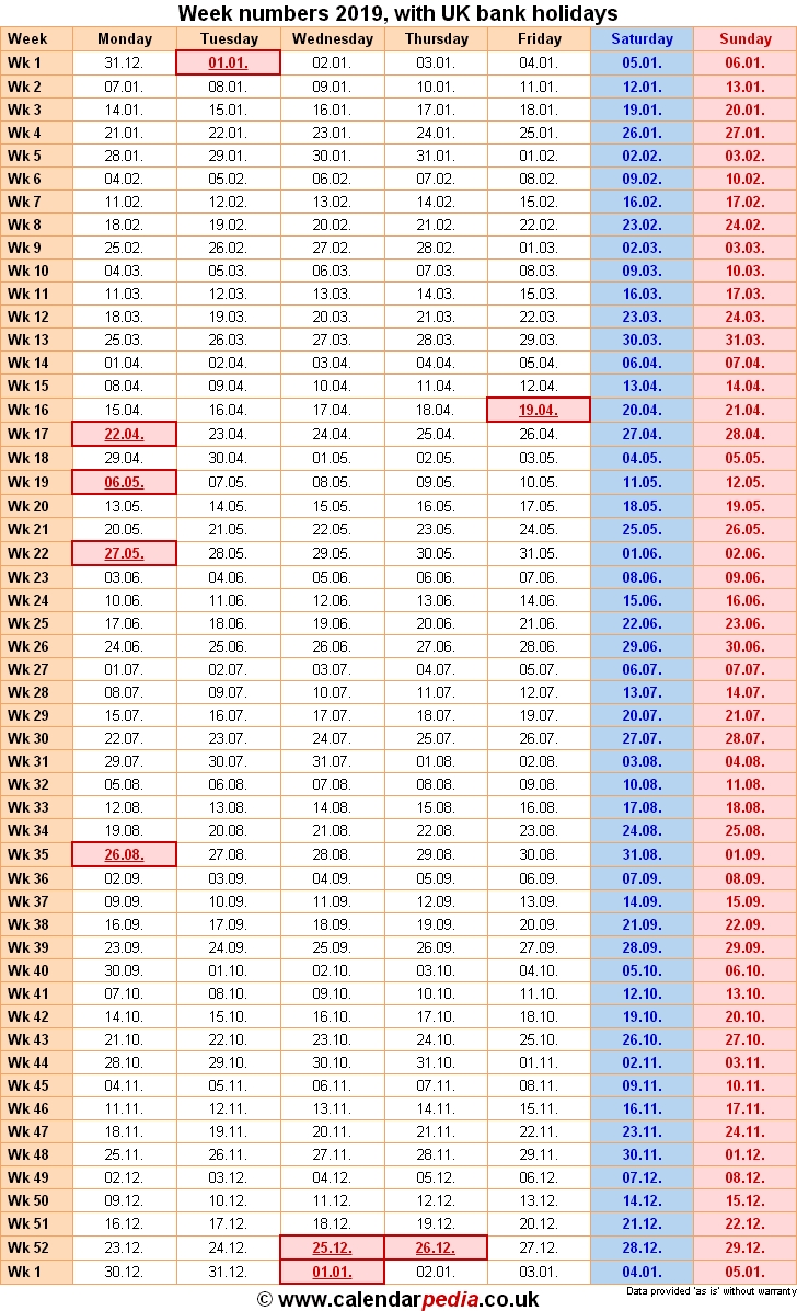 Week Numbers 2019, With Bank Holidays &amp; Excel/pdf/word Templates