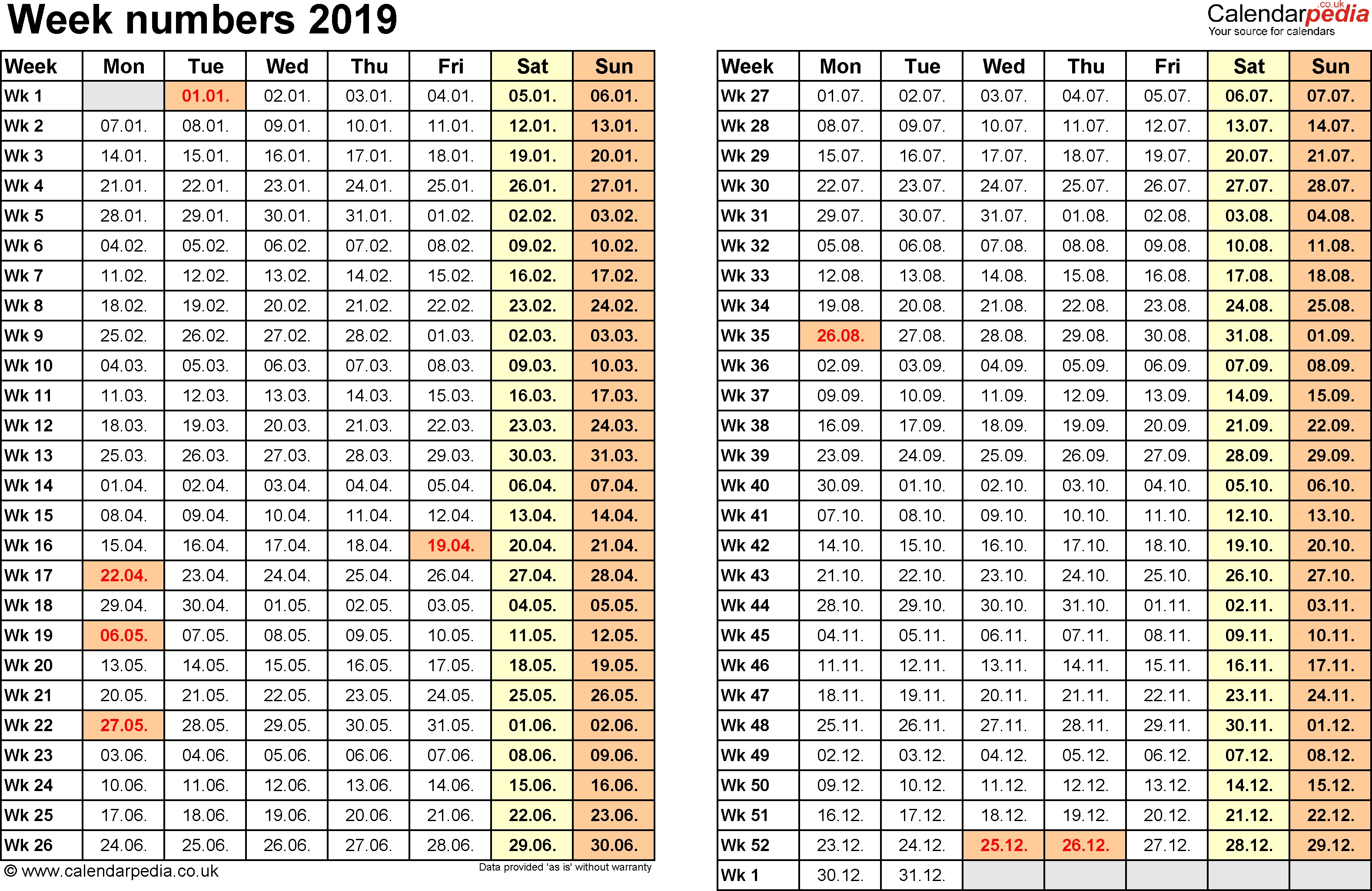 Week Numbers 2019, With Bank Holidays &amp; Excel/pdf/word Templates