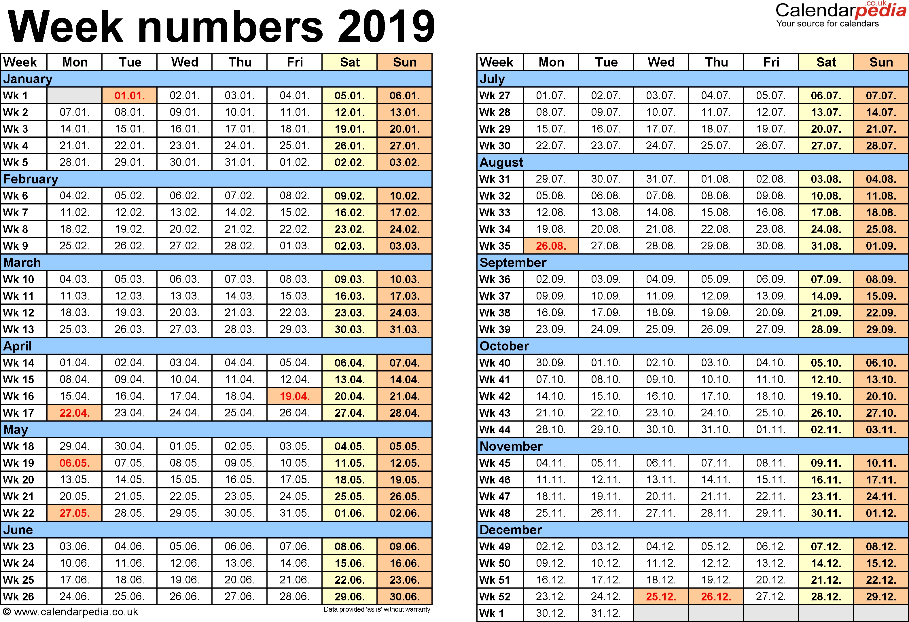 Week Numbers 2019, With Bank Holidays &amp; Excel/pdf/word Templates