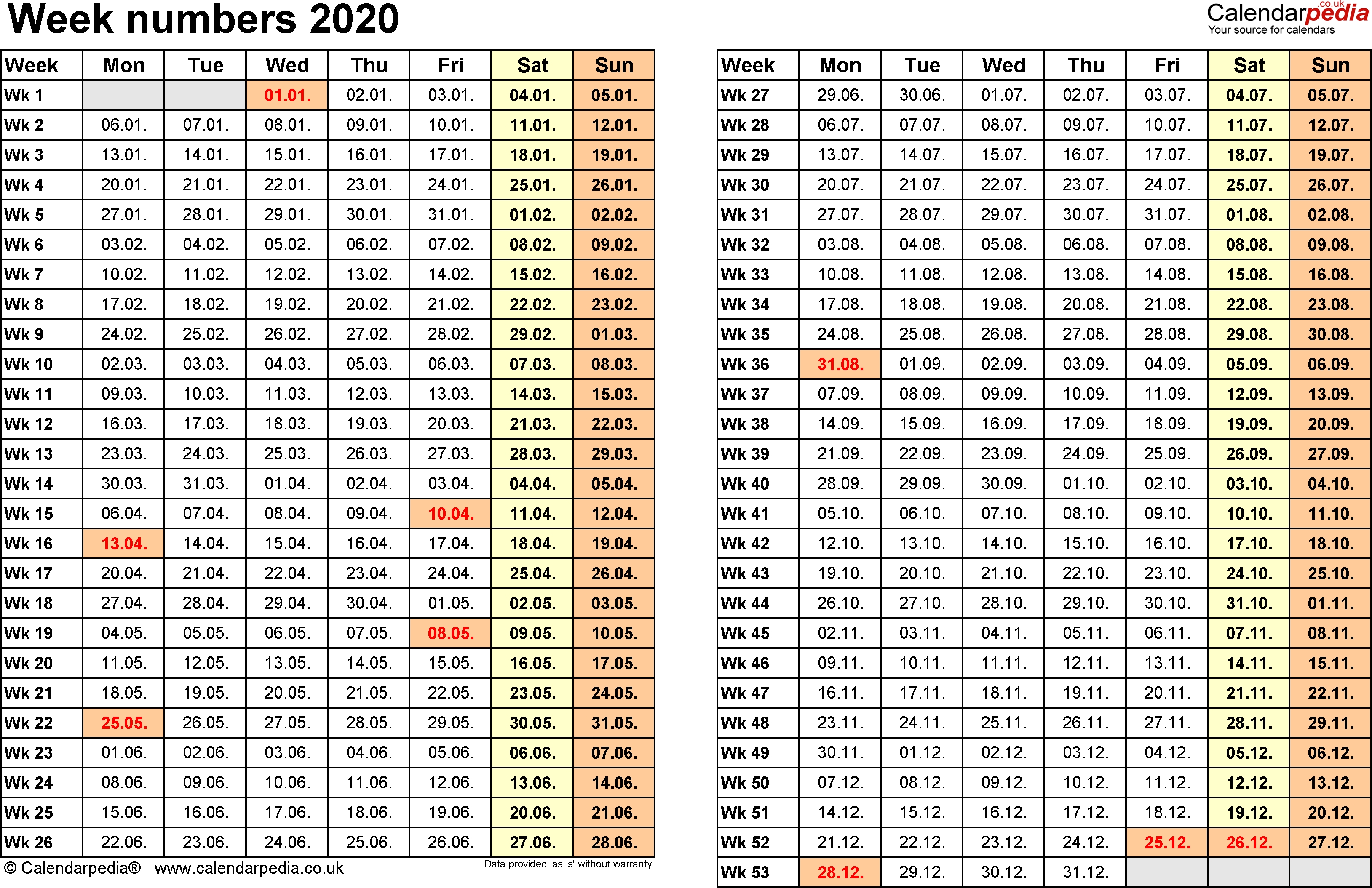 Week Numbers 2020, With Bank Holidays &amp; Excel/pdf/word Templates