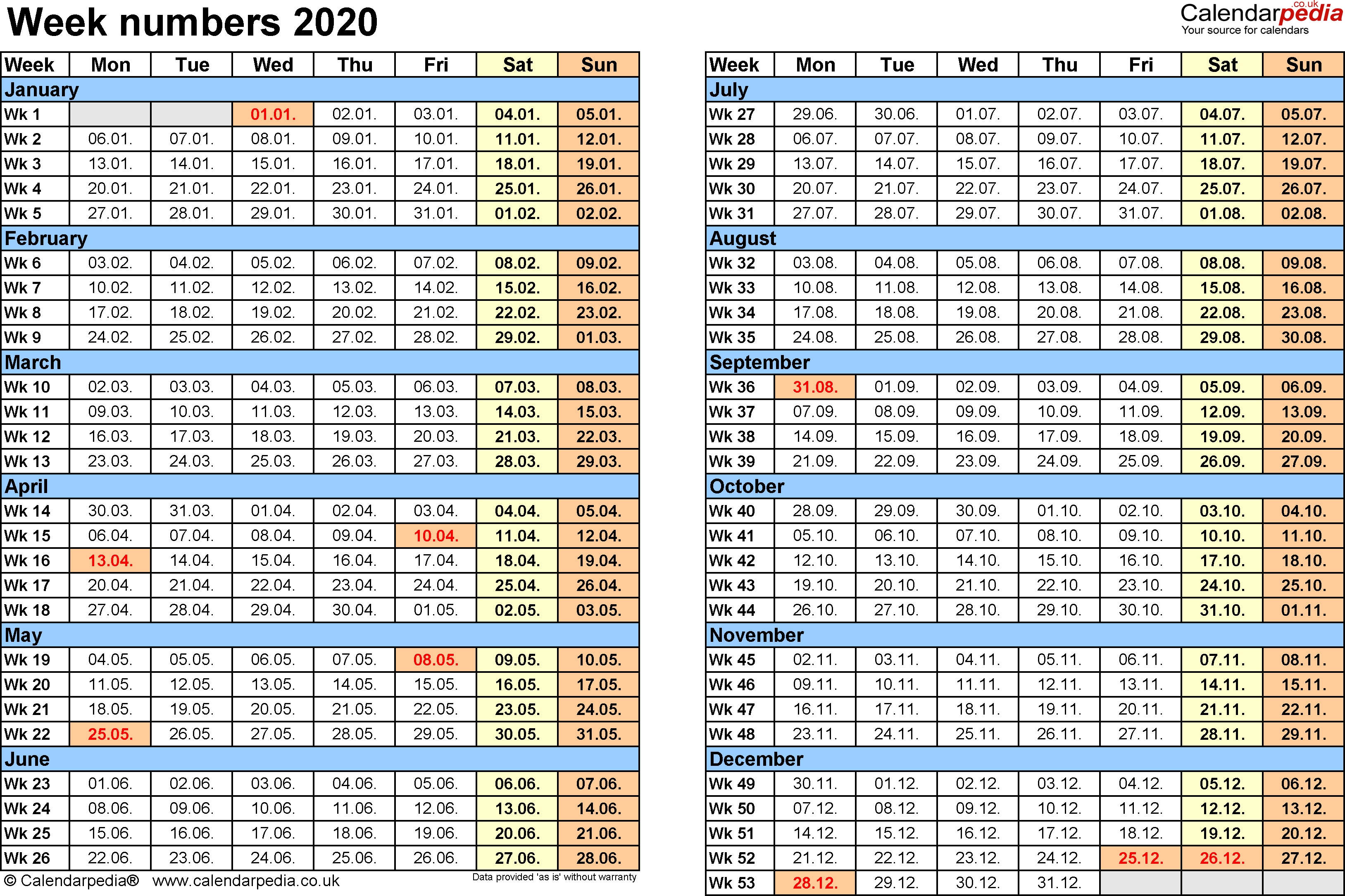 Week Numbers 2020, With Bank Holidays &amp; Excel/pdf/word Templates