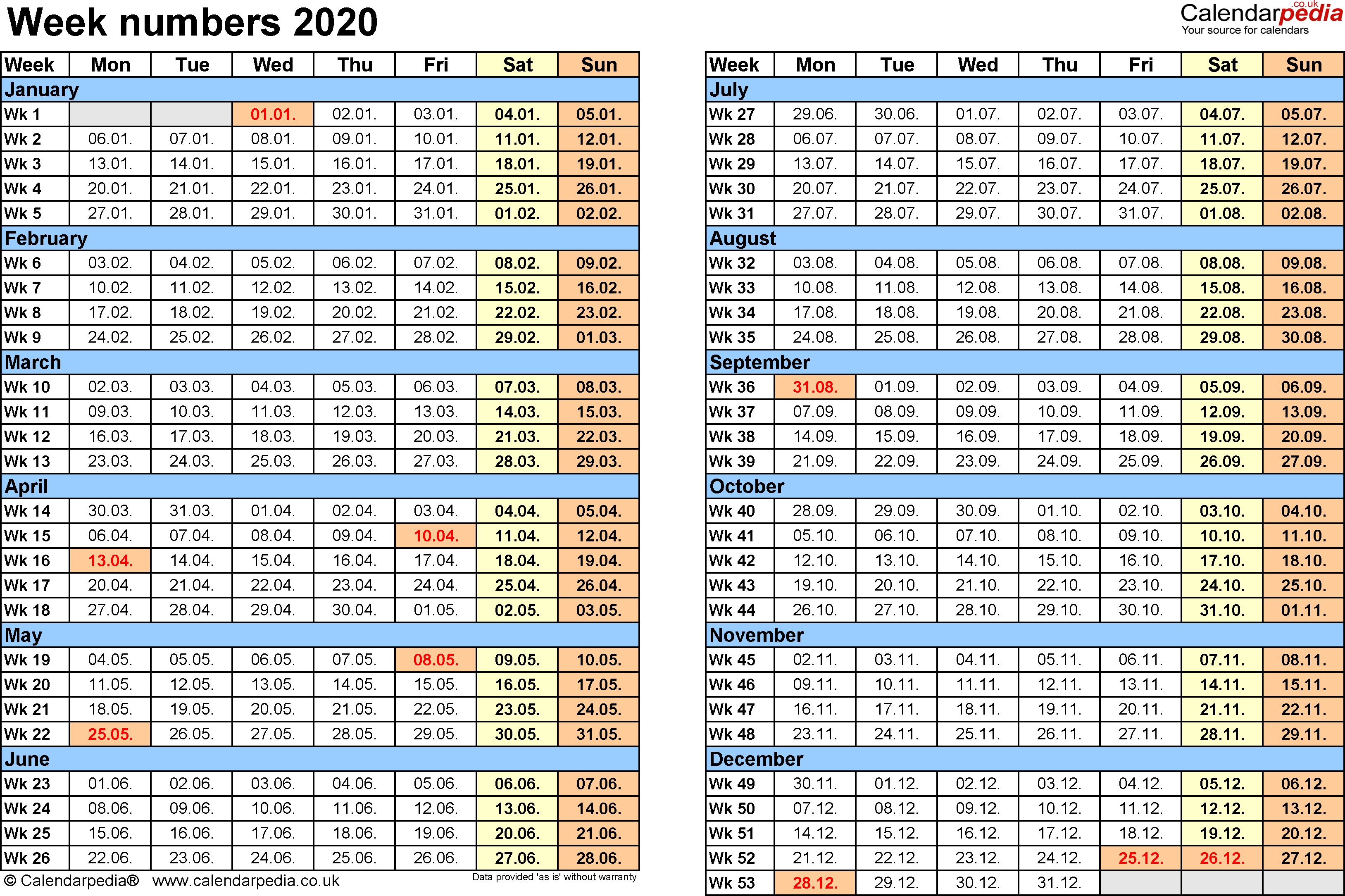 Calendar by week number phlader