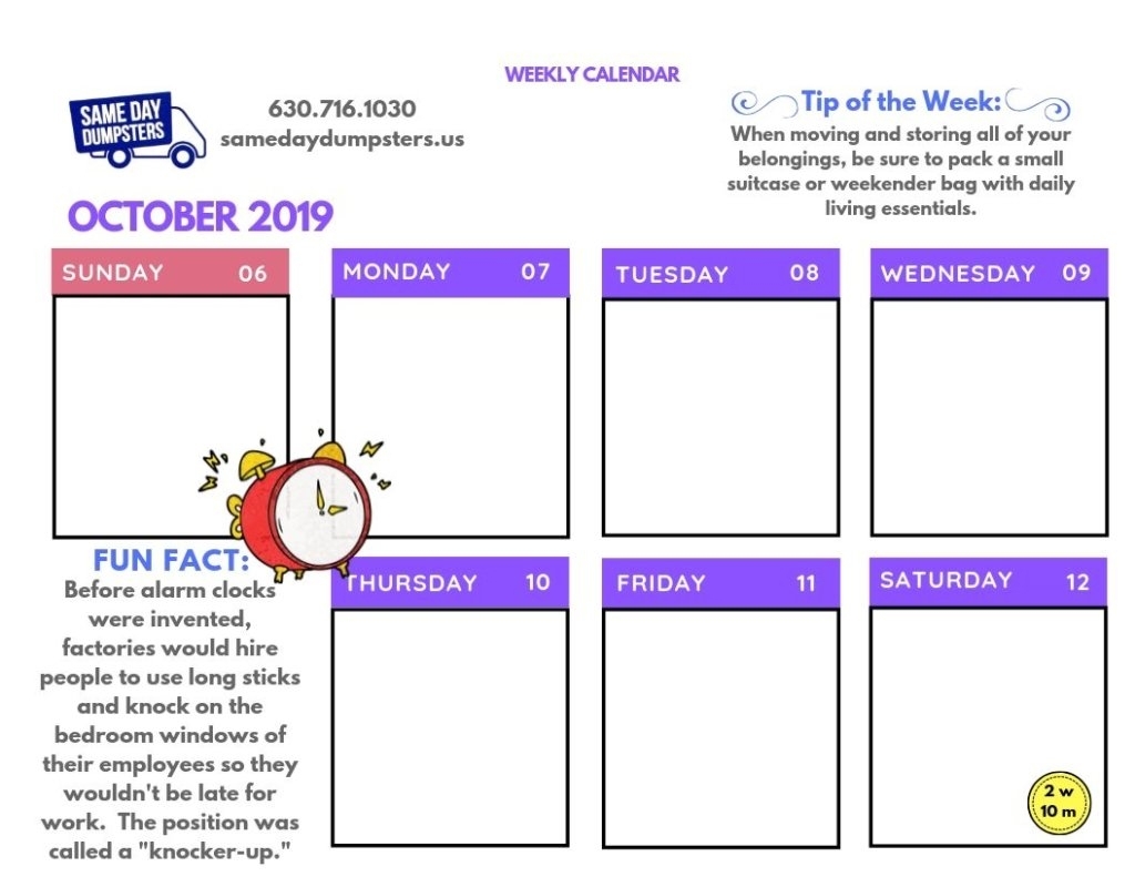 Weekly Calendar 10-2019 Week 2 | Same Day Dumpsters Rental