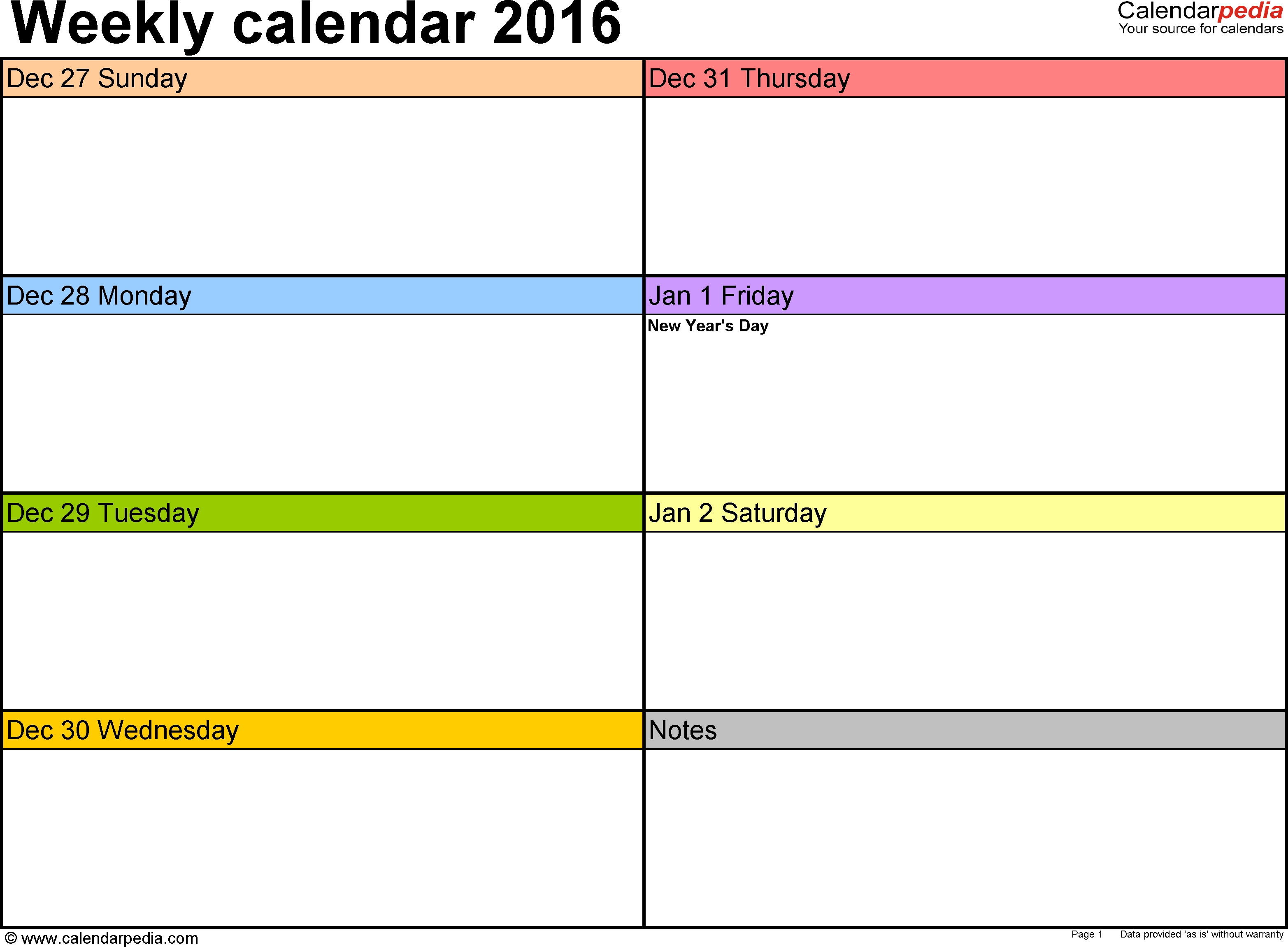 Weekly Calendar 2016: Template For Pdf Version 6, Landscape
