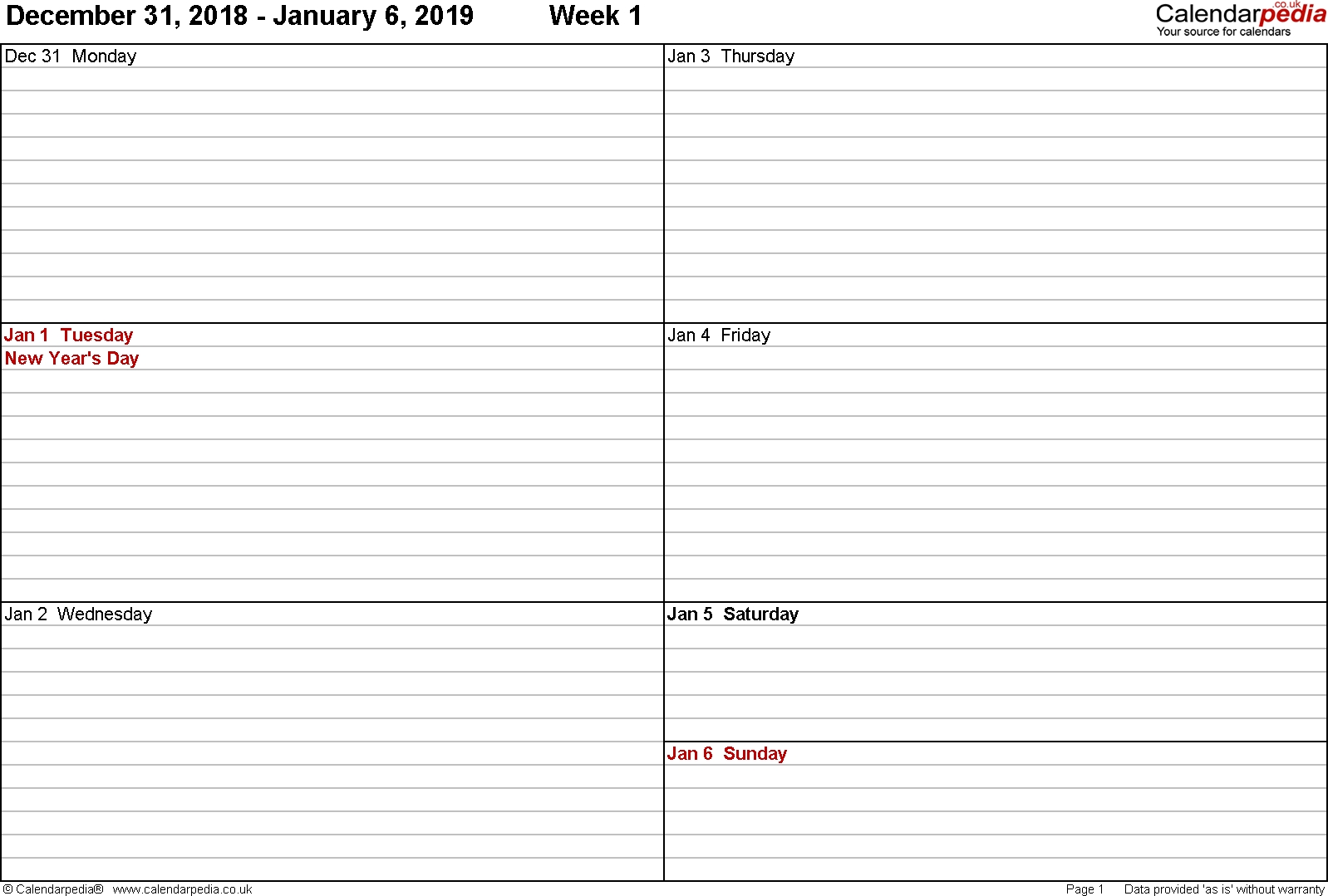 Weekly Calendar 2019 Uk - Free Printable Templates For Word