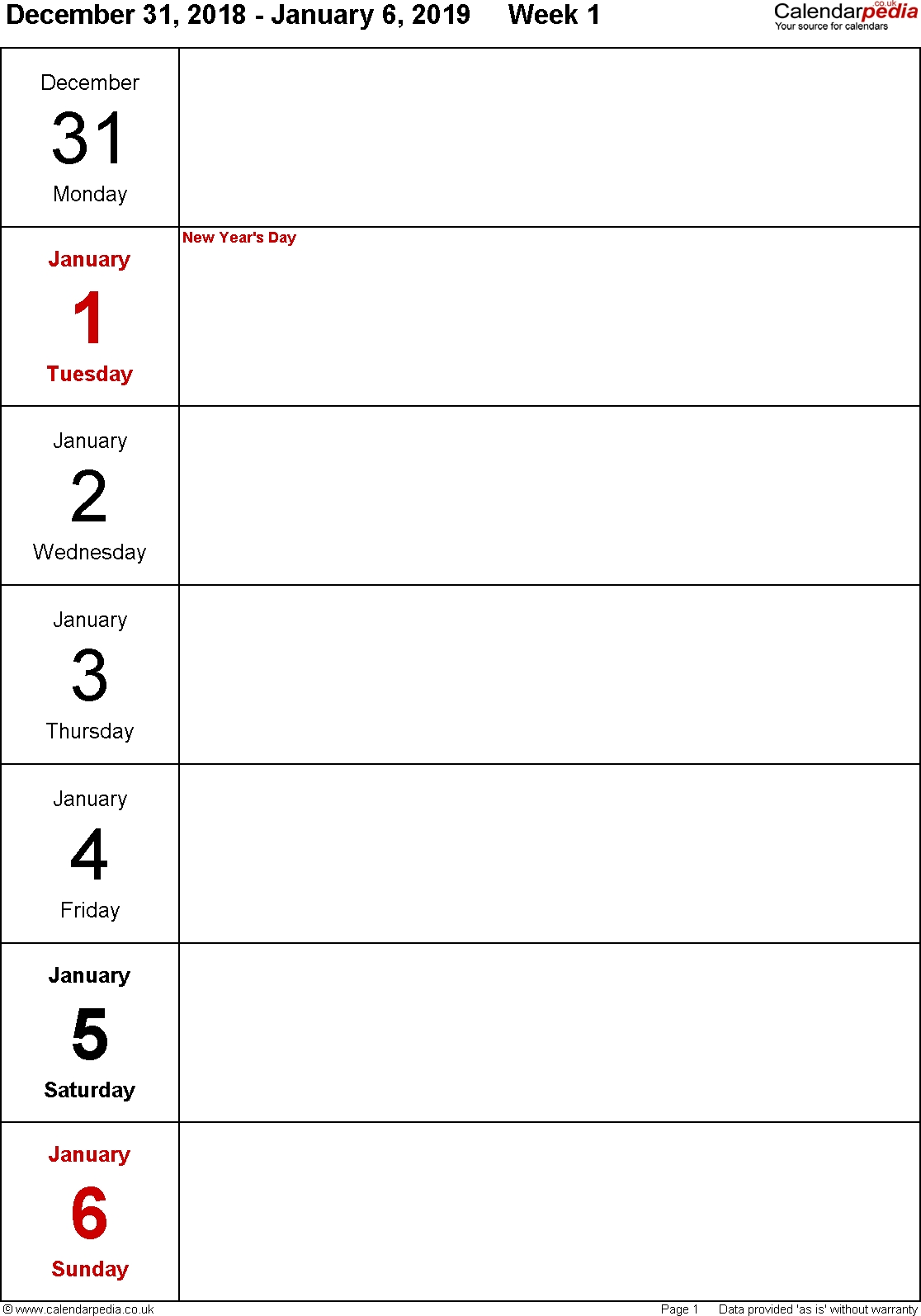 Weekly Calendar 2019 Uk - Free Printable Templates For Word