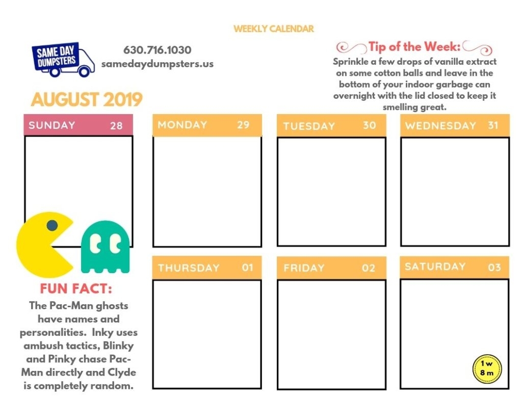 Weekly Calendar 8-2019 Week 1 | Same Day Dumpsters Rental