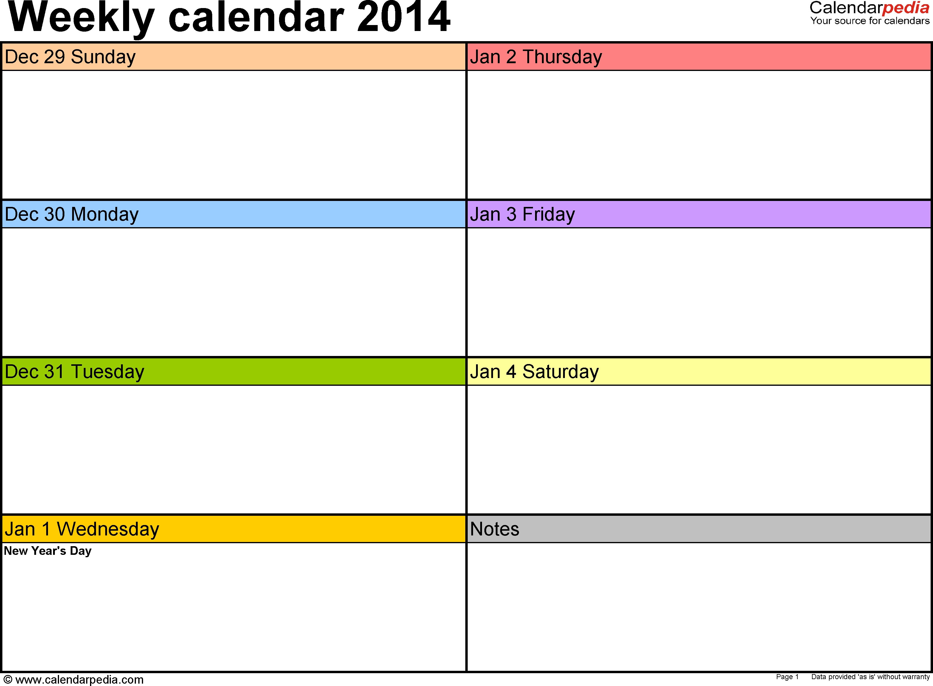Weekly Calendars 2014 For Excel - 4 Free Printable Templates