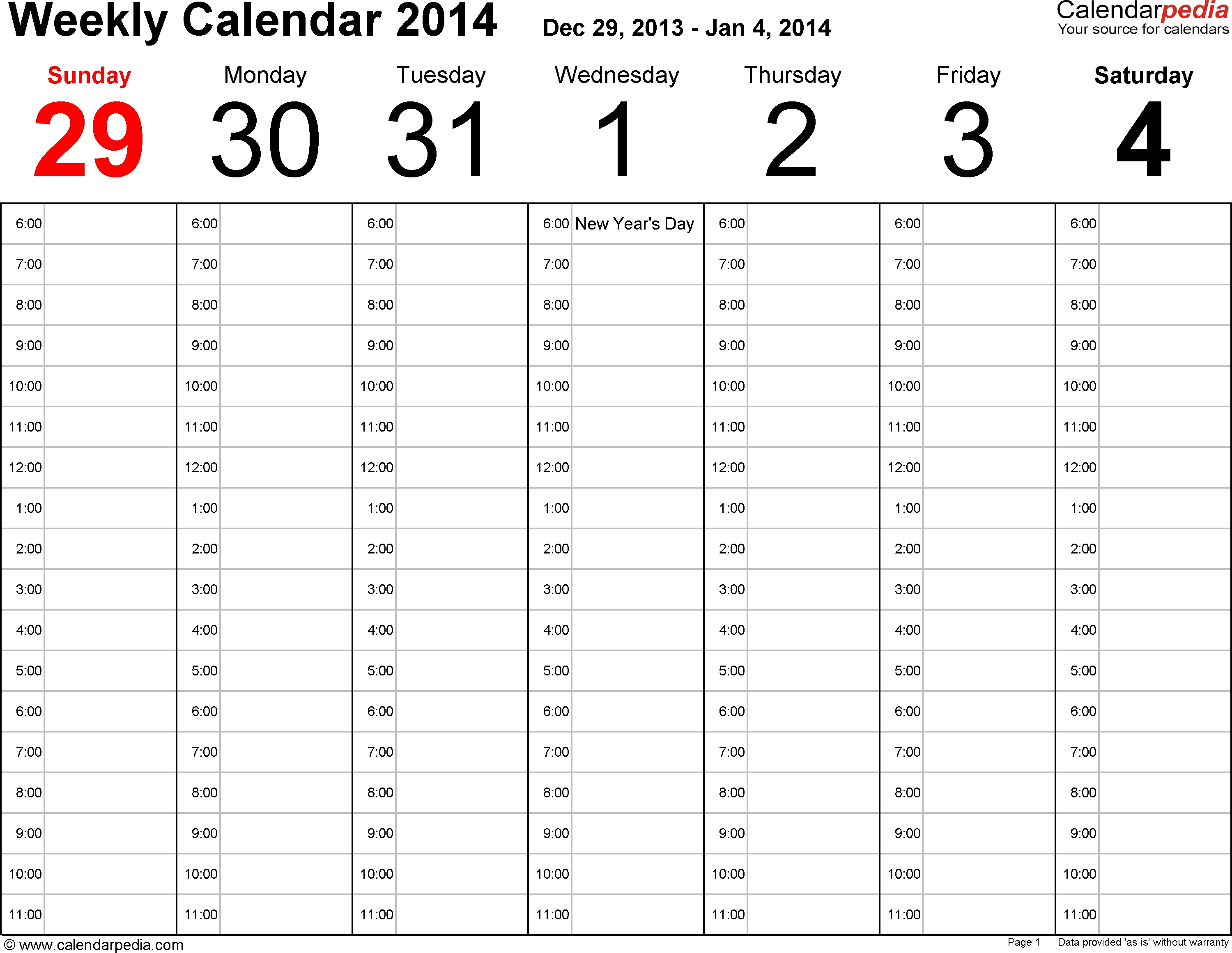 Weekly Calendars 2014 For Excel - 4 Free Printable Templates