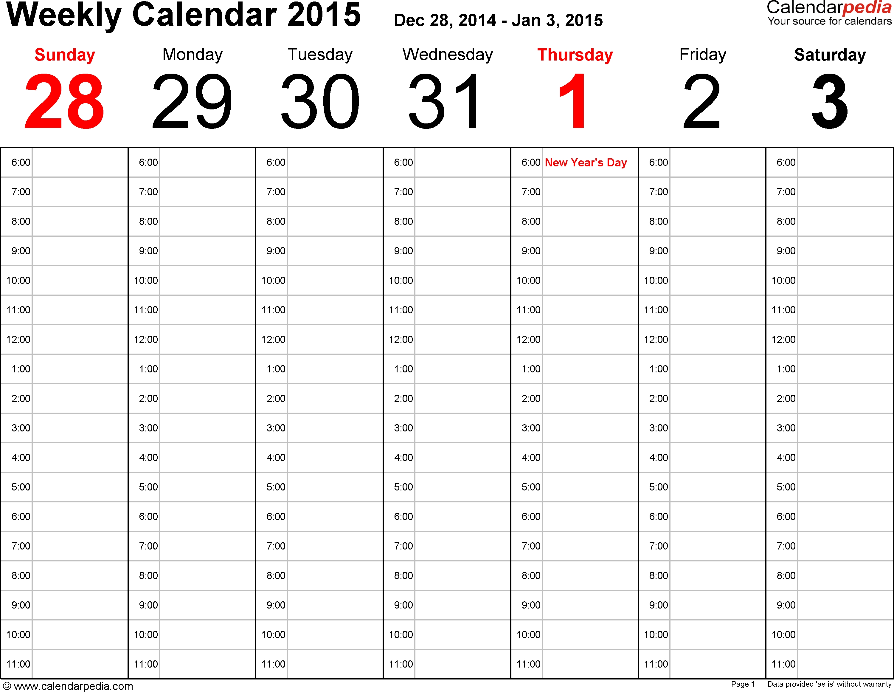 Weekly Calendars 2015 For Excel - 12 Free Printable Templates
