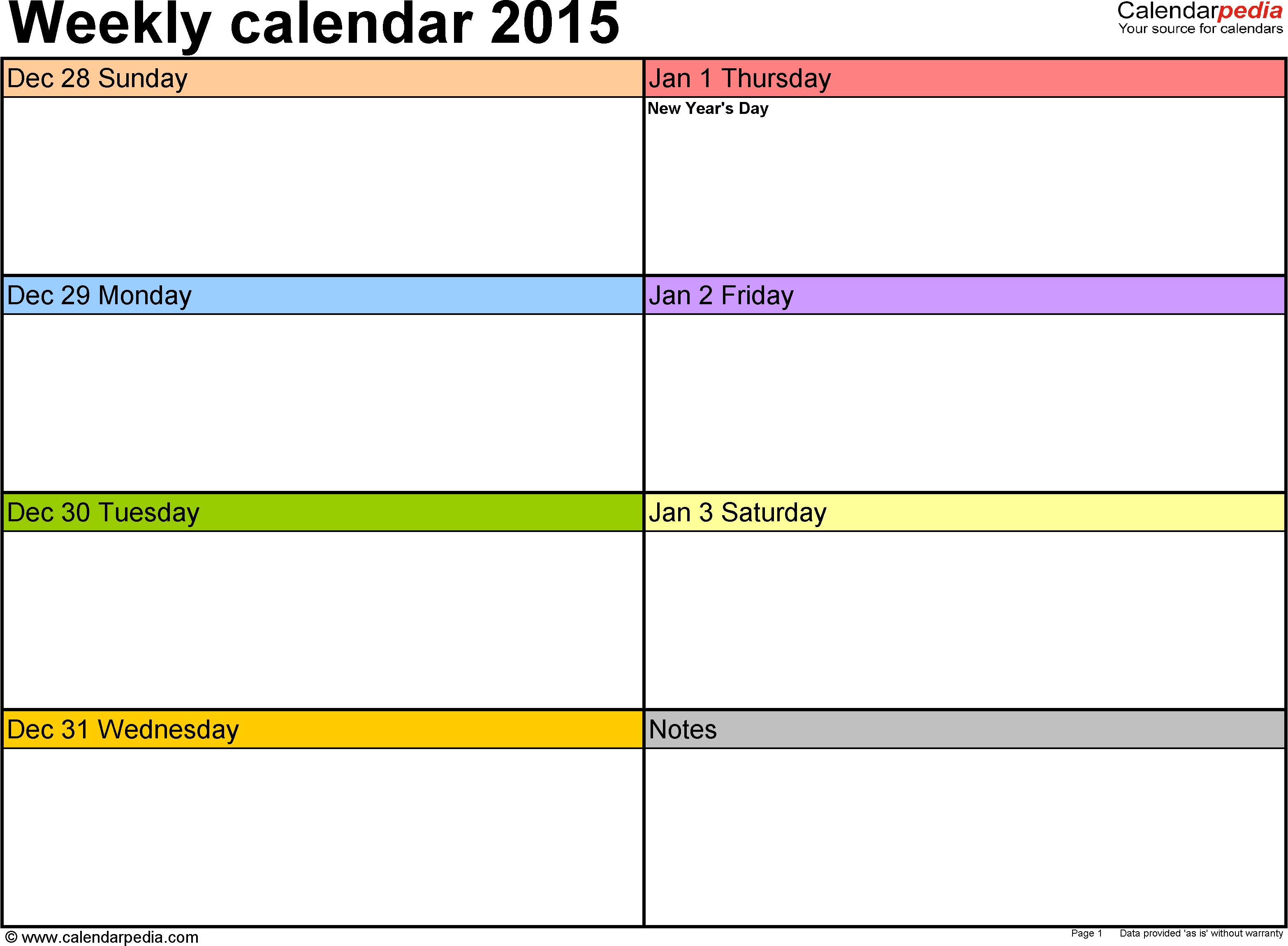 Weekly Calendars 2015 For Excel - 12 Free Printable Templates