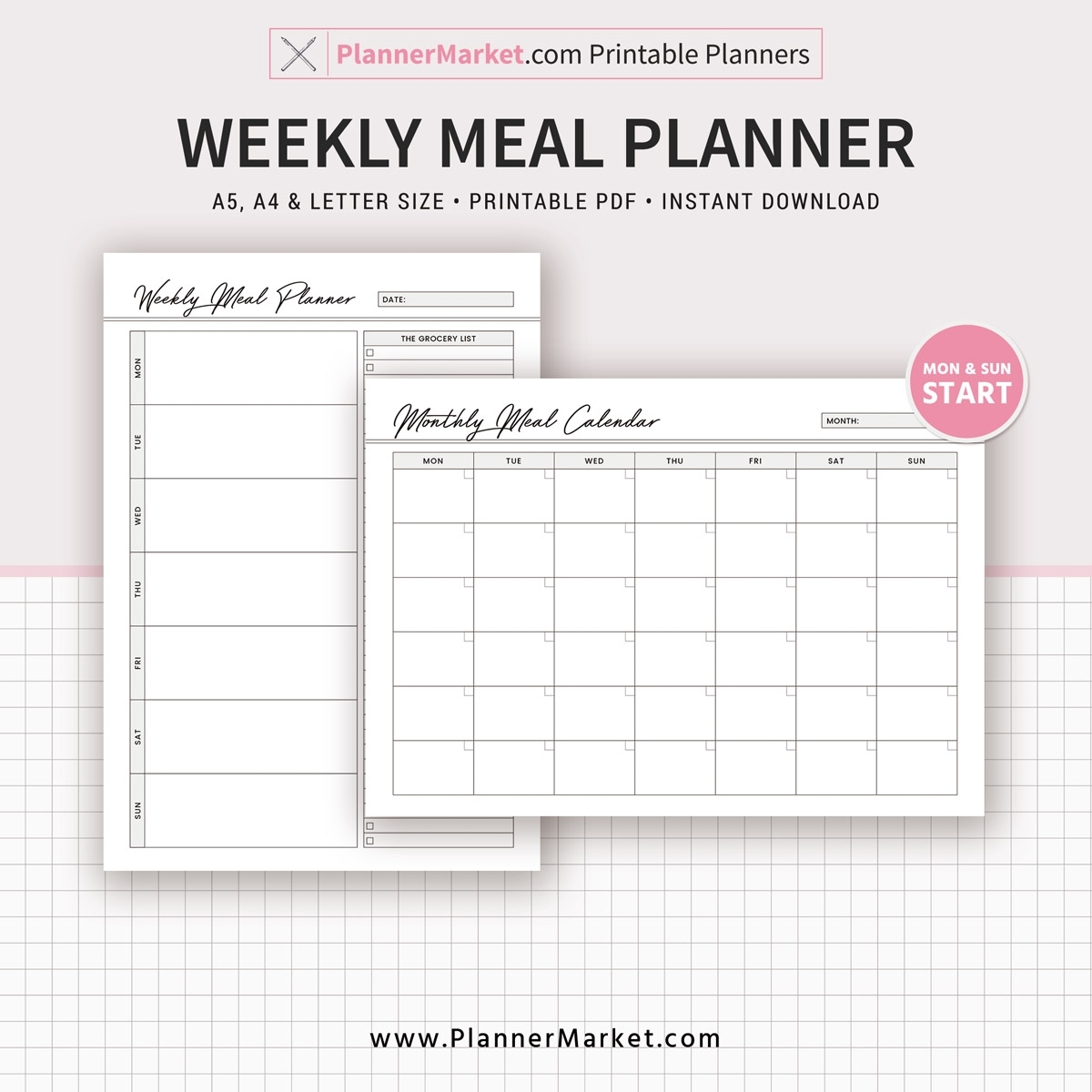 Weekly Meal Planner Inserts, 2020 Menu Planner, Monthly Meal Calendar, A5,  A4, Letter Size, Planner Refill, Planner Binder