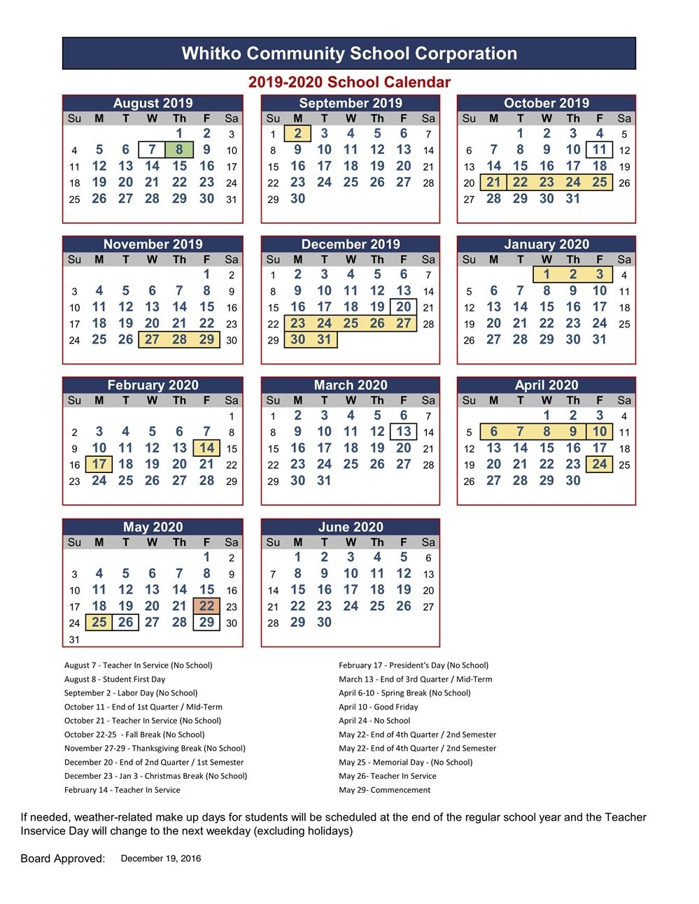 Whitko Community School Corp / Calendar