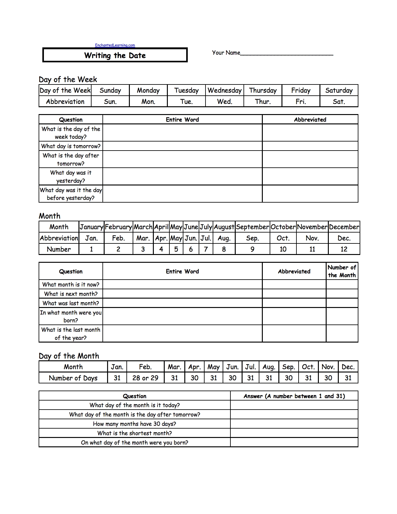 Writing A Date (Us Format) - Enchantedlearning