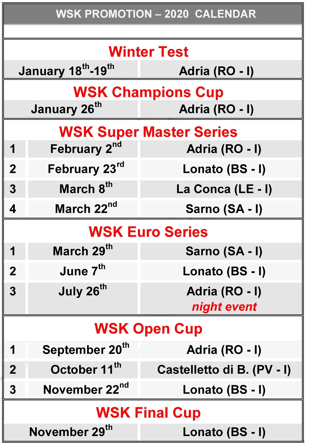 Wsk Promotion Announces Its Calendar For 2020 Season