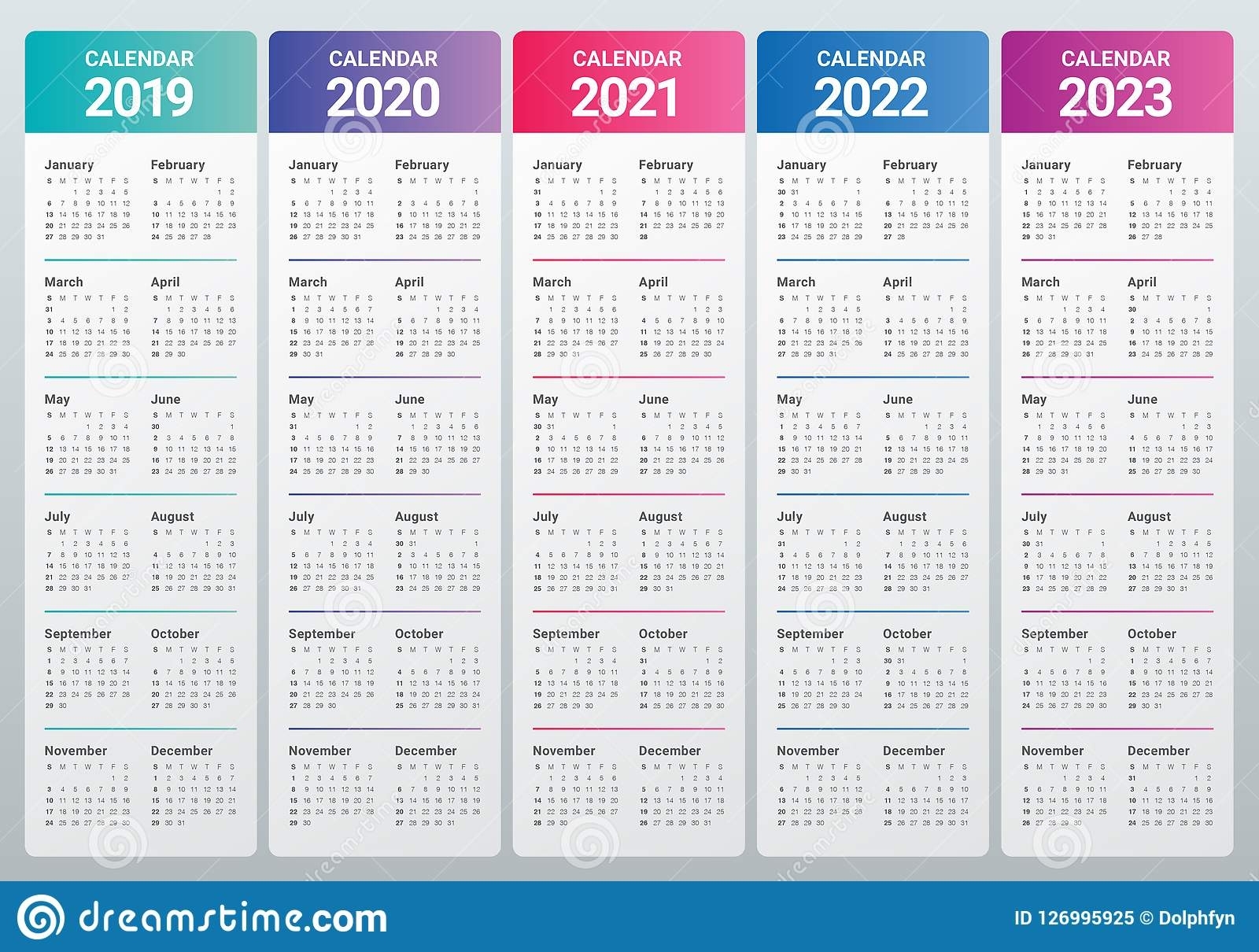 Year 2019 2020 2021 2022 2023 Calendar Vector Design