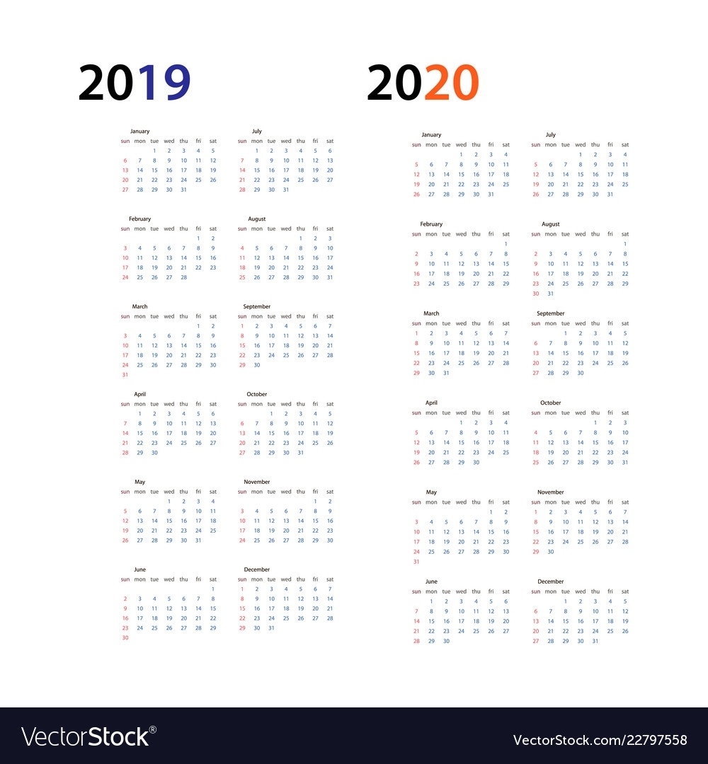 Year 2019 And Year 2020 Calendar Horizontal