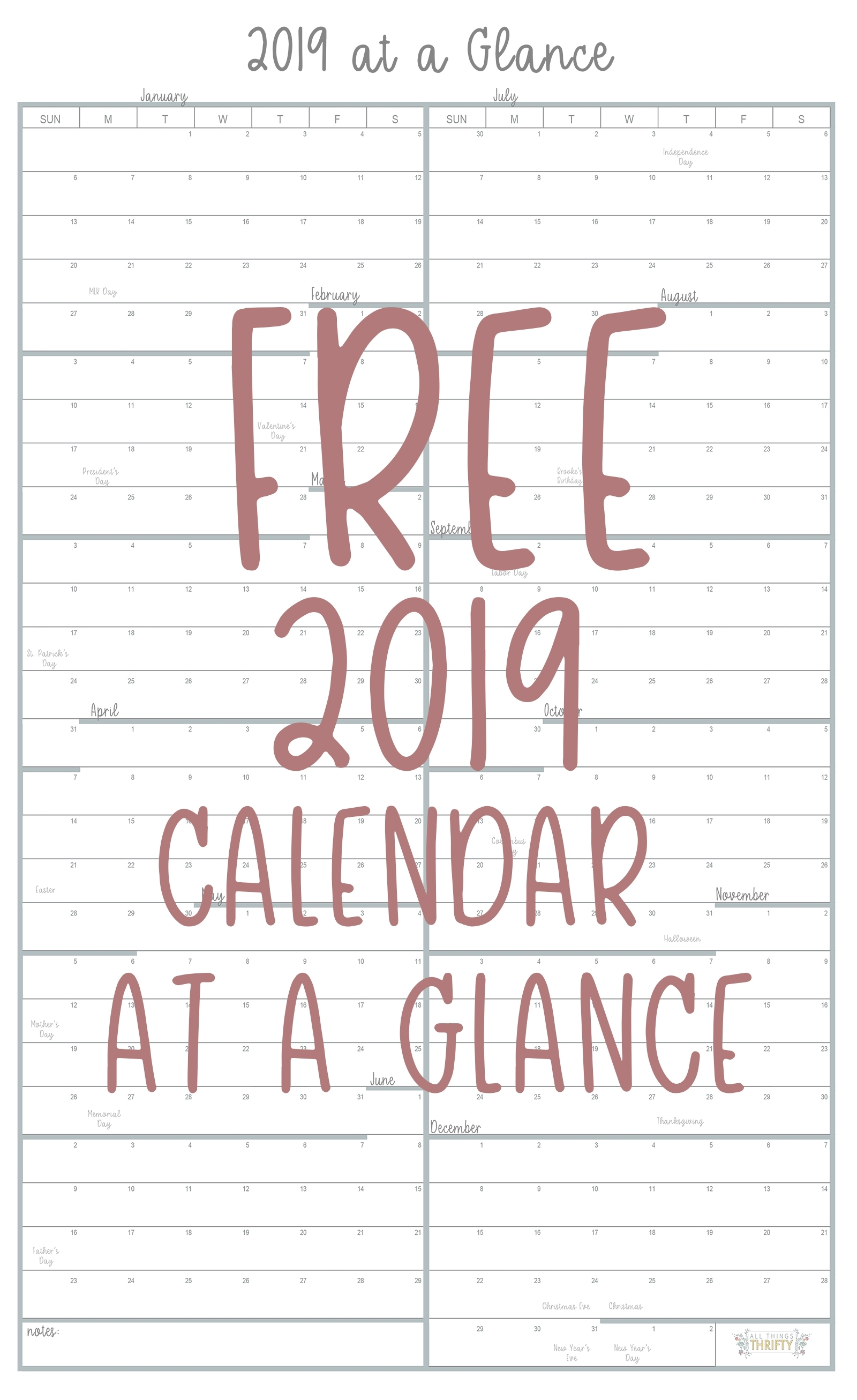 Year At A Glance Free Printable Calendar | All Things Thrifty