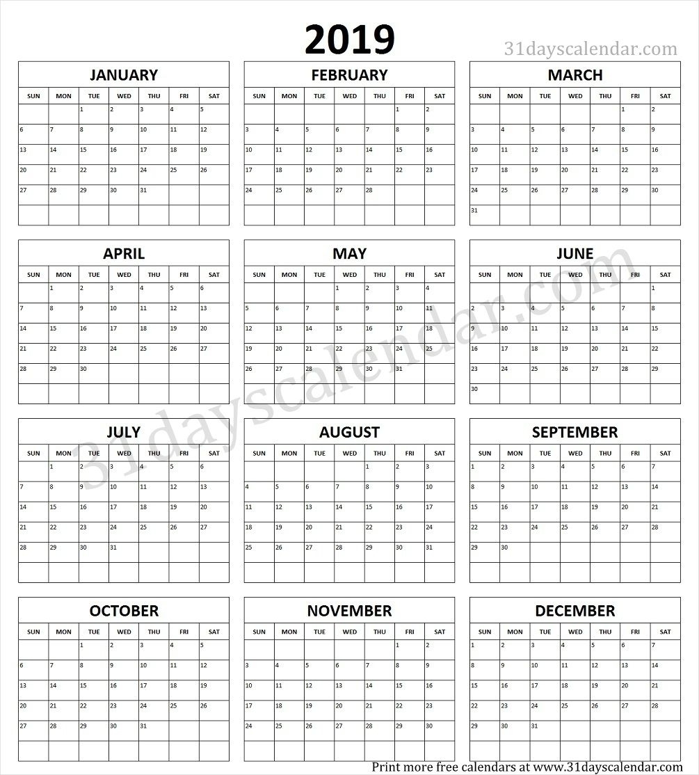 Year Calendar 2019 Printable One Page | Calendar 2019
