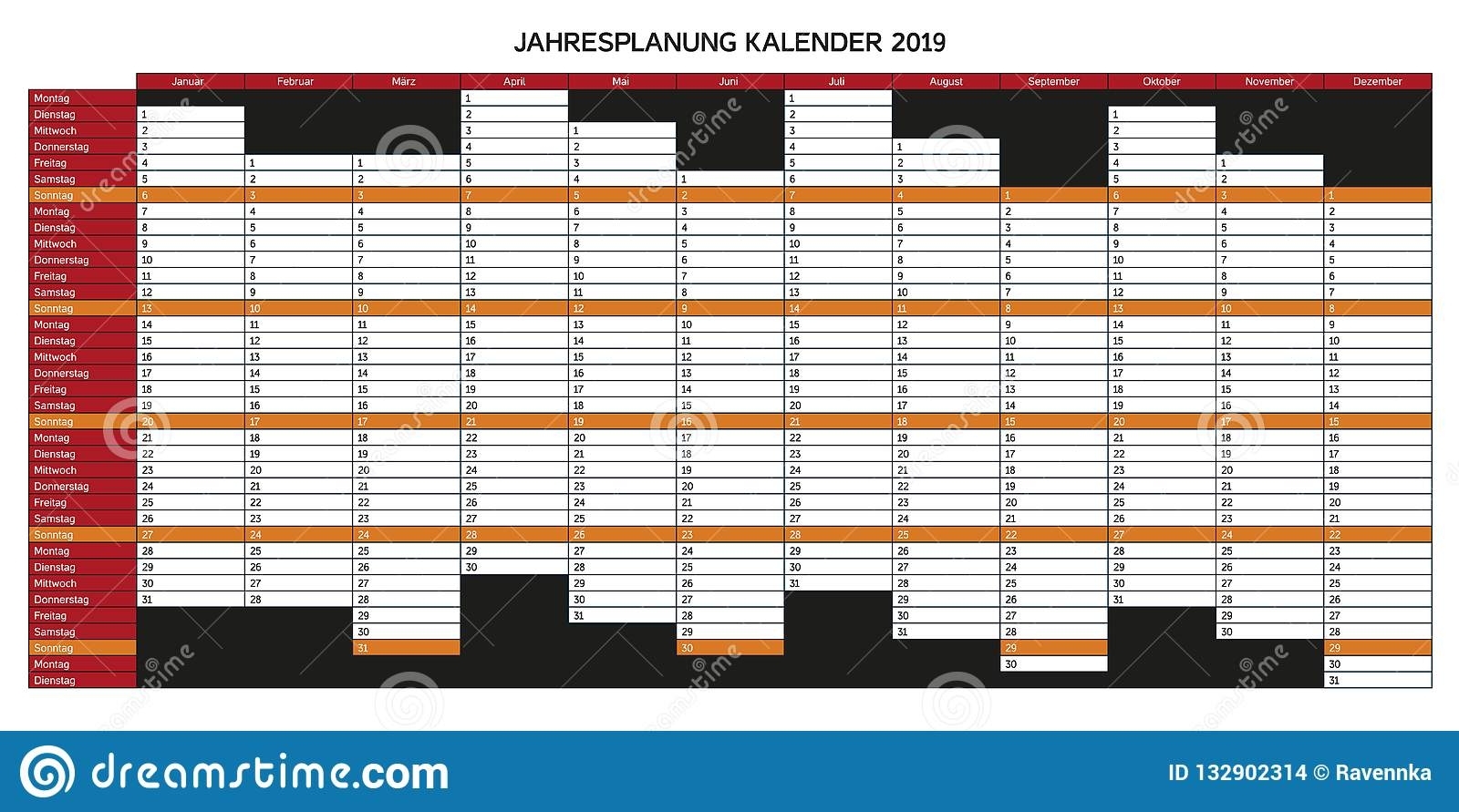 Year Planning Calendar For 2019 In German - Jahresplanung