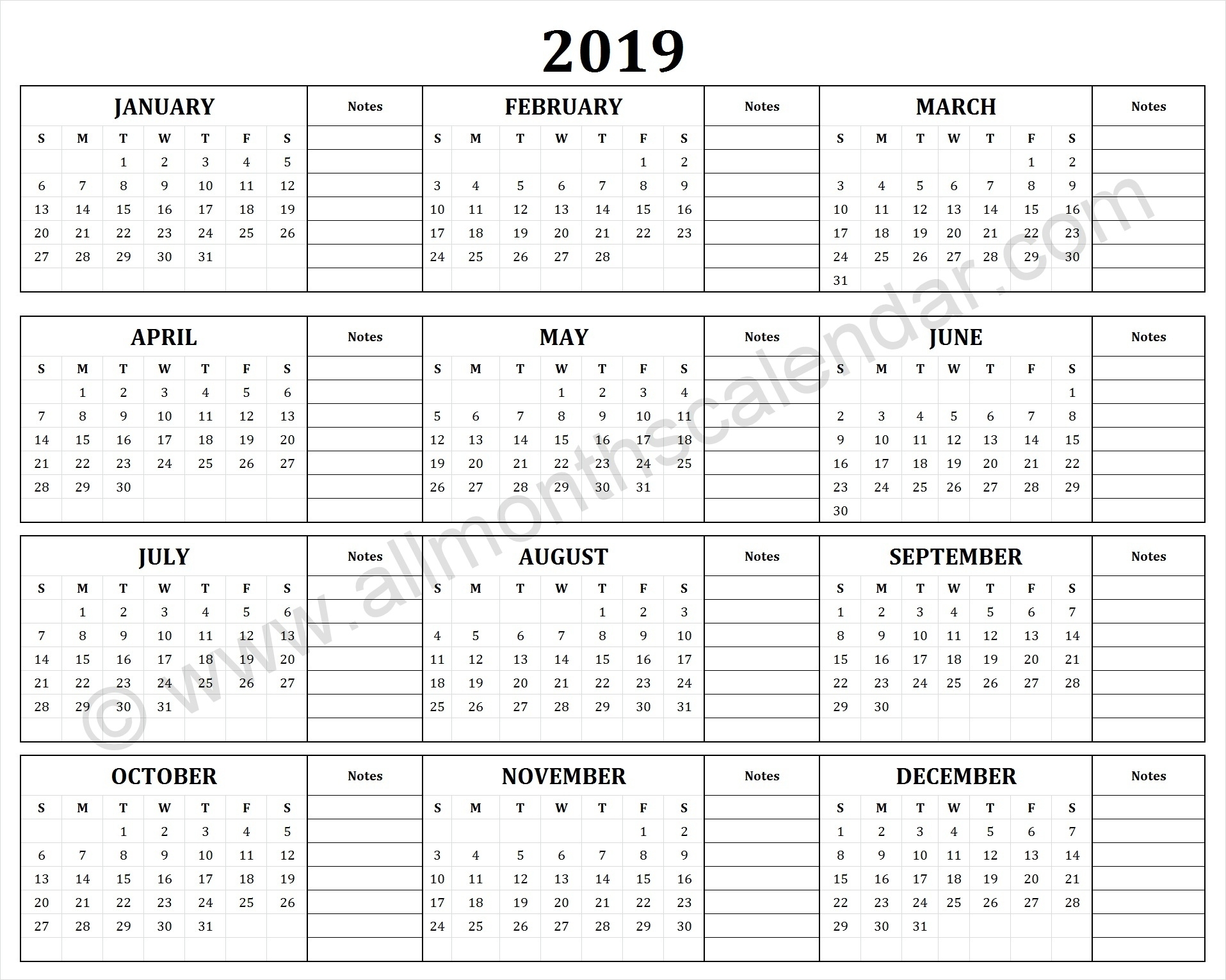 Yearly 2019 Yearly Calendar | 12 Month 2019 Calendar Printable