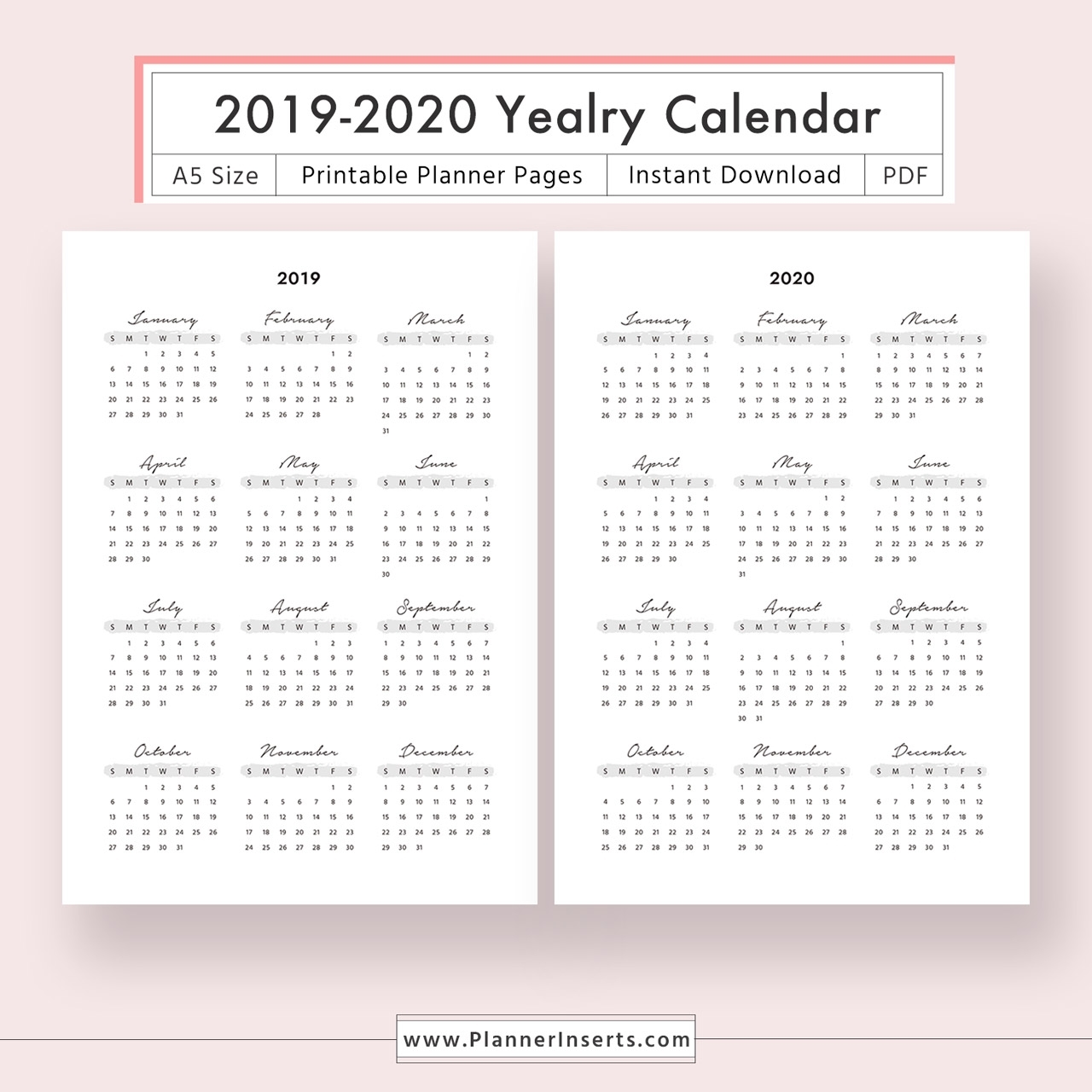 Yearly Calendar 2019 2020 For Unlimited Instant Download - Digital  Printable Planner Inserts In .pdf Format - Filofax A5 - Year At A Glance,  Yearly