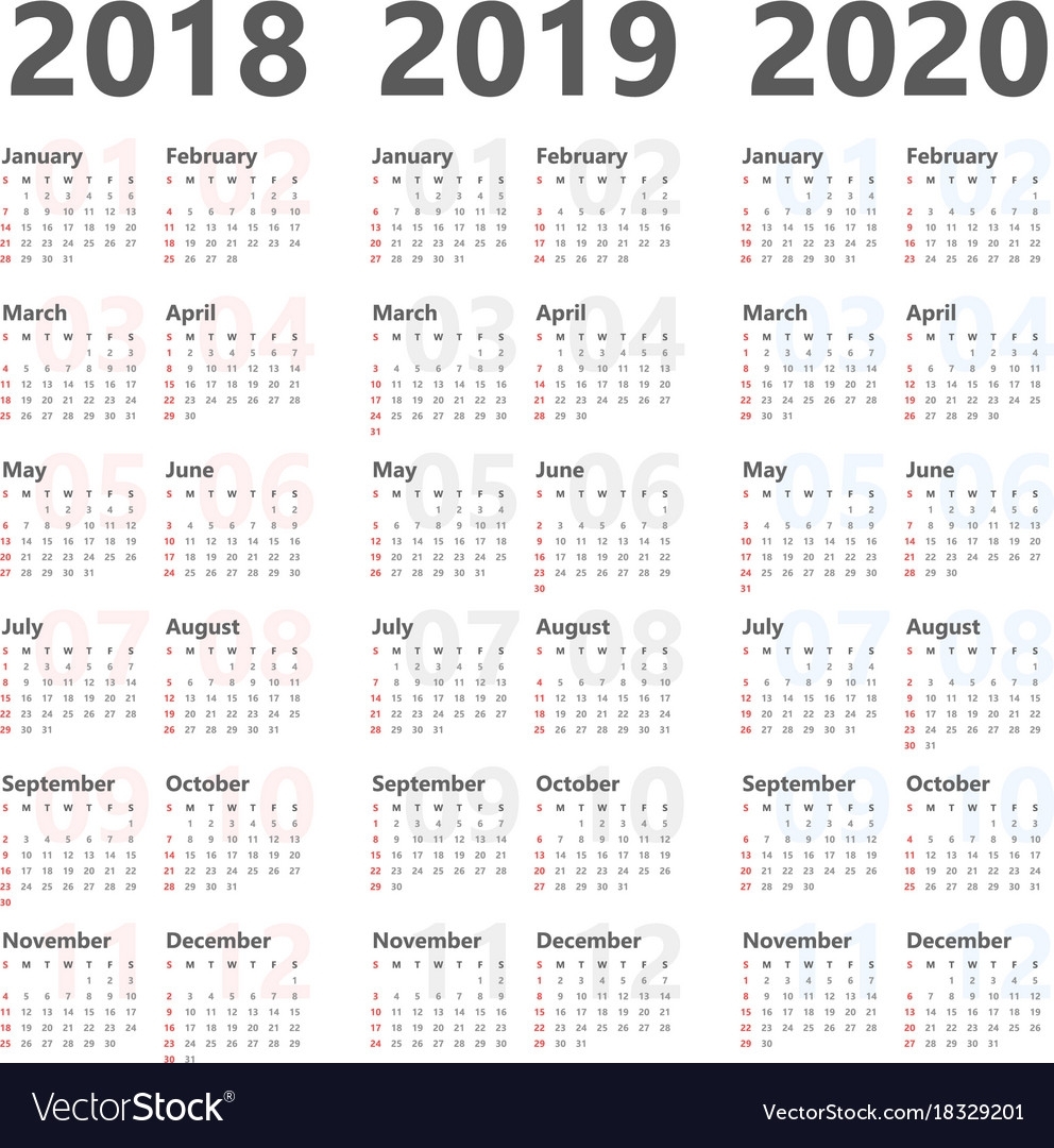 Yearly Calendar For Next 3 Years 2018 To 2020