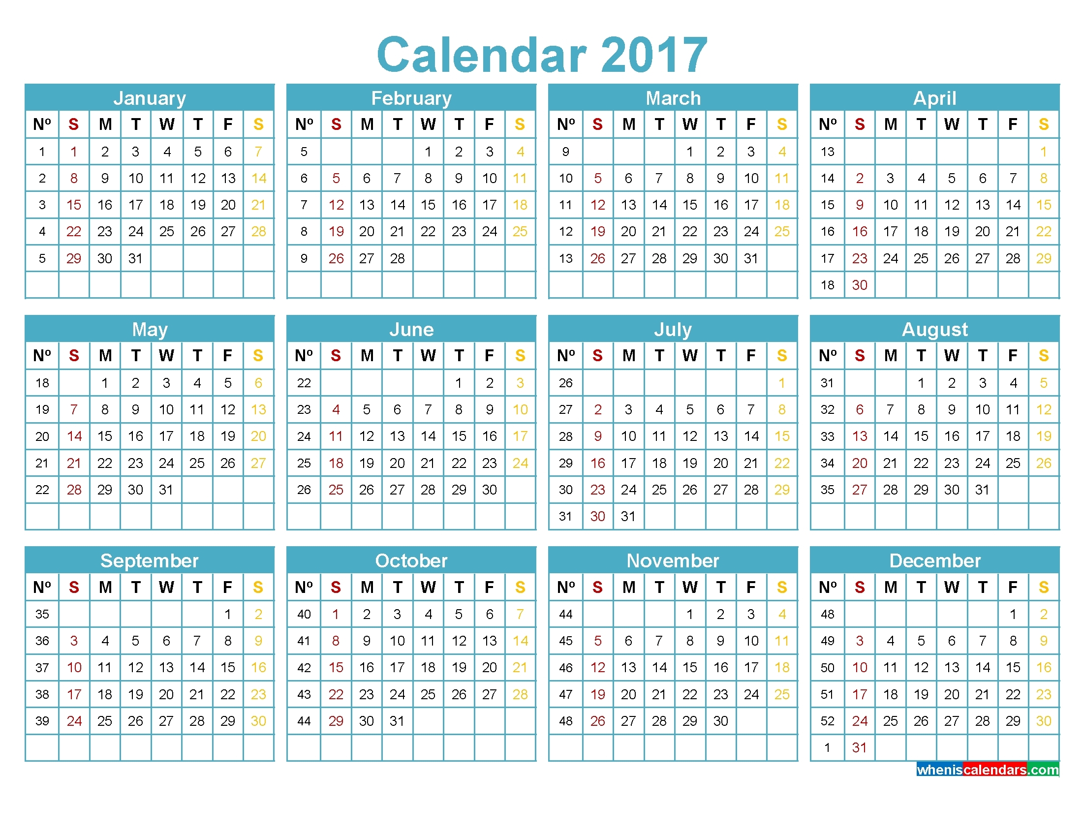 Year Calendar In Weeks Month Calendar Printable