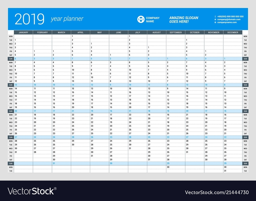 Yearly Wall Calendar Planner Template For 2019