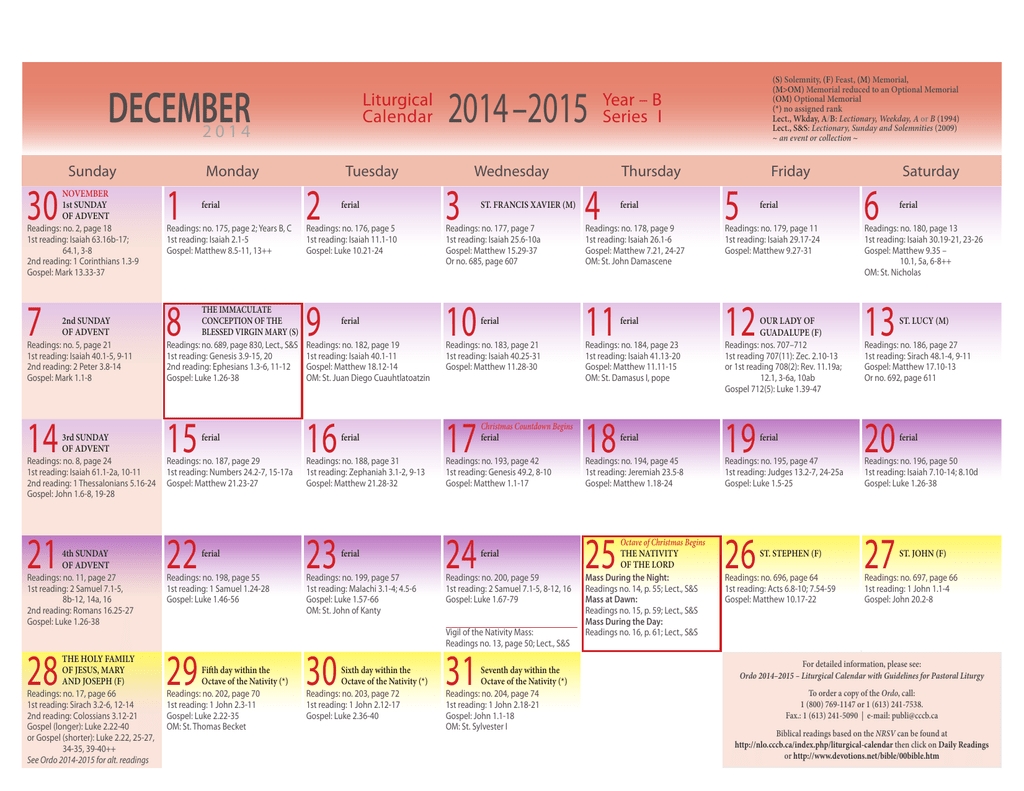 Year B Liturgical Calendar | Month Calendar Printable