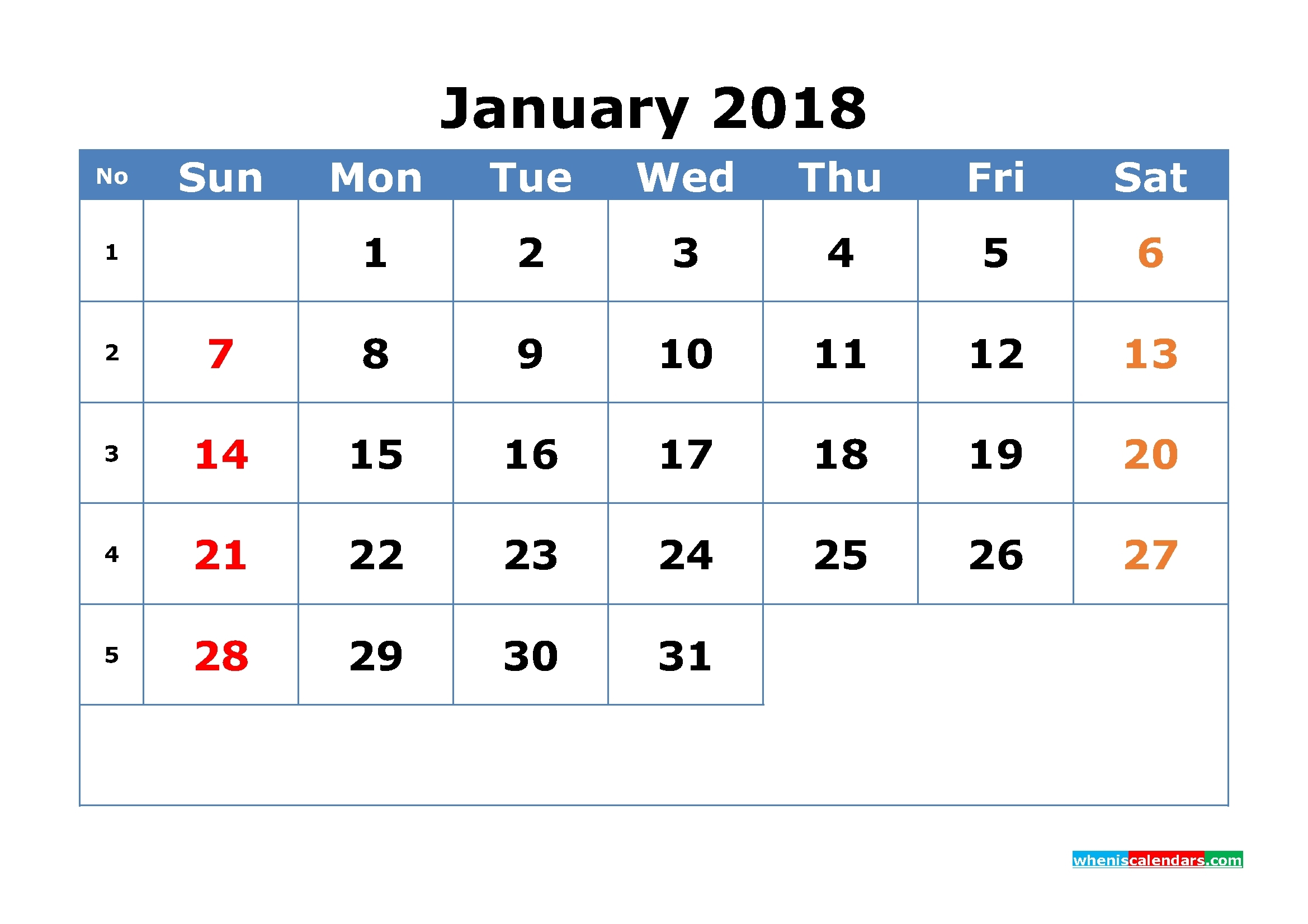 12 Month Calendar 2018 With Week Numbers Printable Pdf